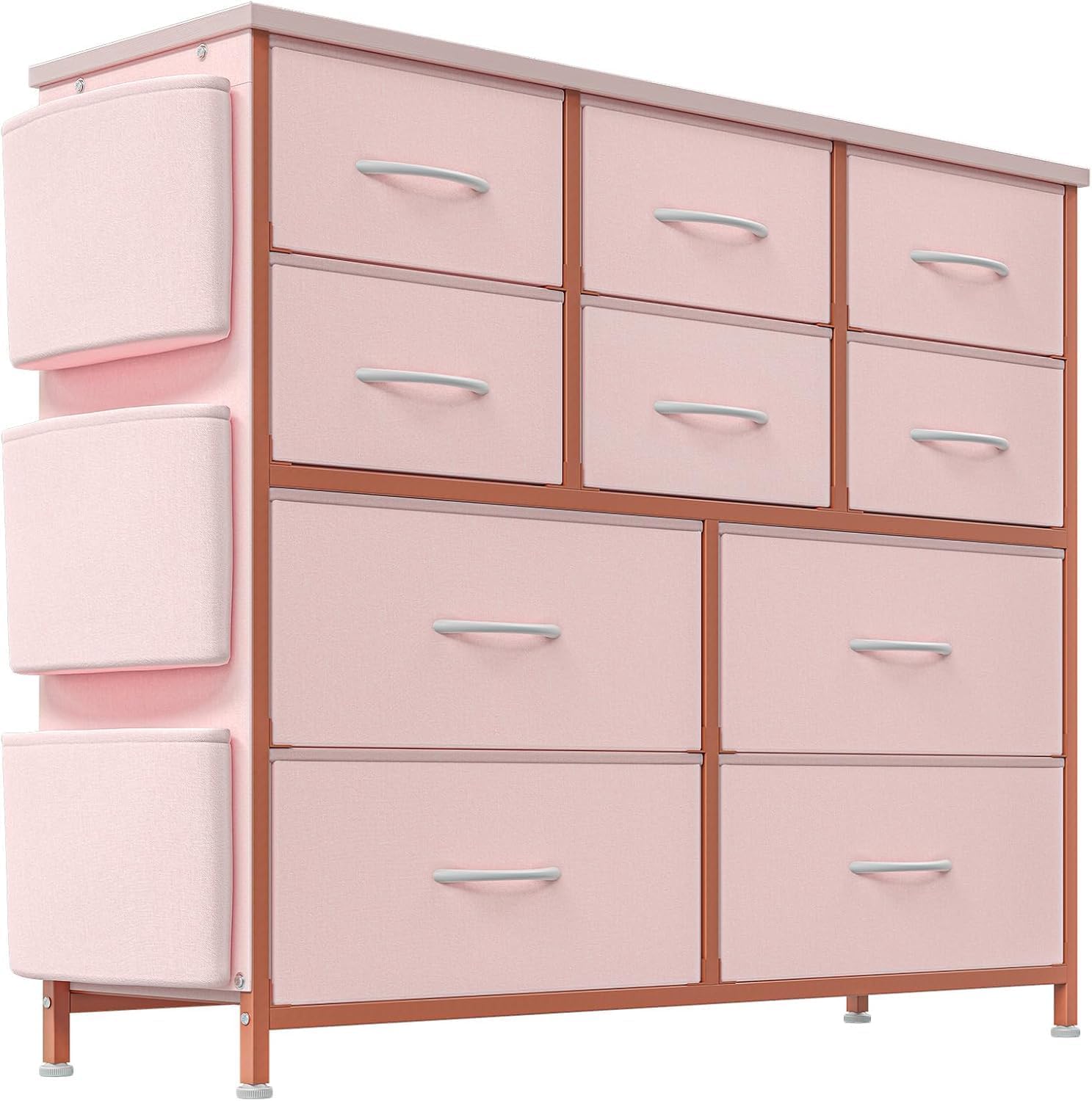 WhizMax LDYLSPHO-0WOL50G4 Pink 10 Drawer Dresser for Bedroom - Fabric Storage Drawer with Side Pockets and Hooks