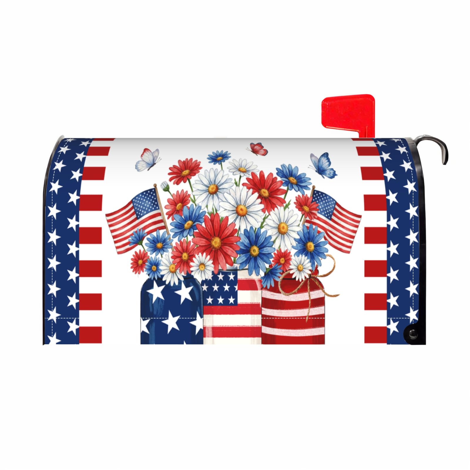 Justincity  Patriotic Mailbox Cover Mason Jar Flowers American Flag Magnetic Standard Size 21 by 18 Inch Independence Day Outdoor Decor