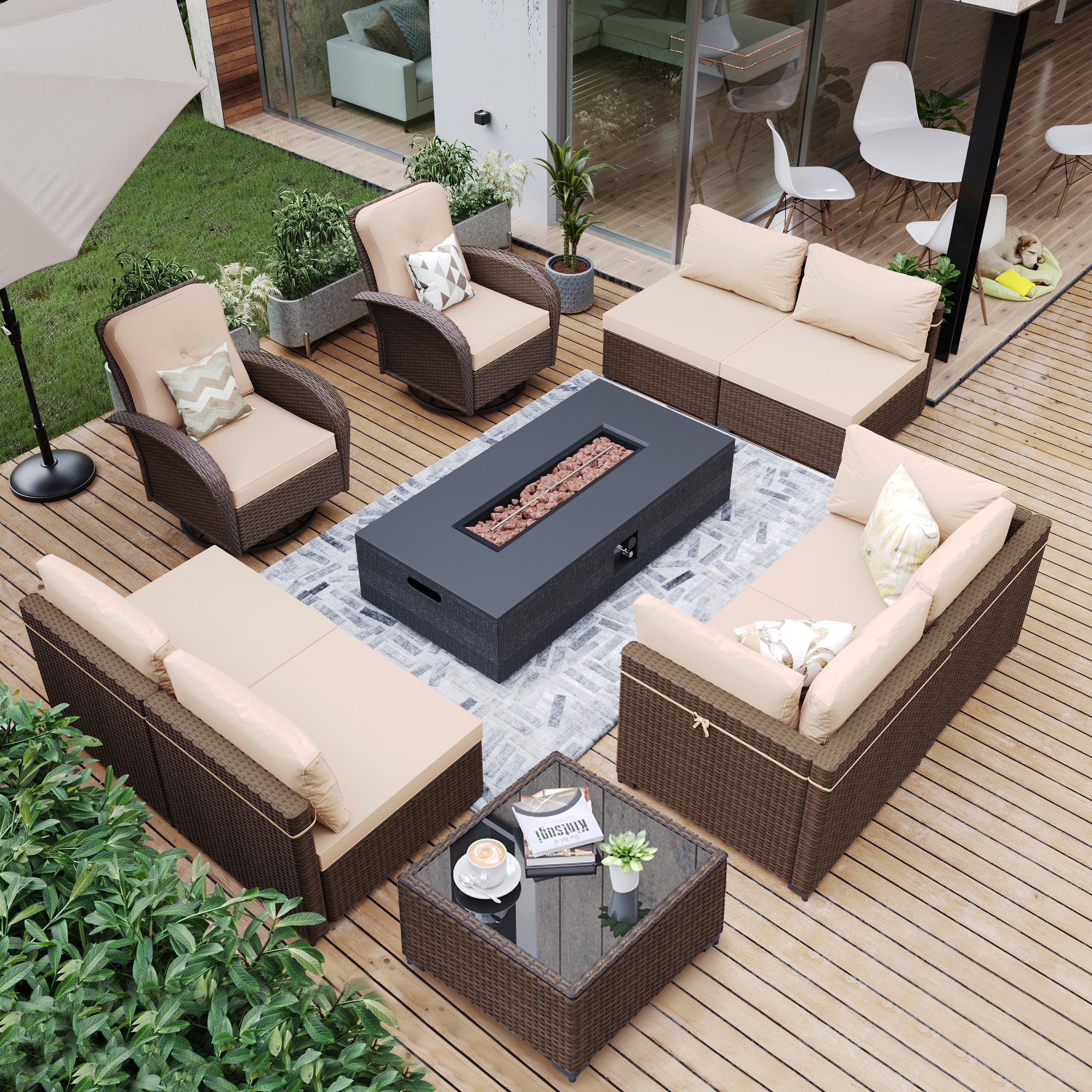 UPHA PL-2CZY11-56SDK-Z1 10-Piece Brown Wicker Conversation Set with 56 in. Gray Gas Propane Concrete Fire Pit Table and Swivel Chairs, Beige Cushions 10 -Piece Wicker 4 Patio Sofa Conversation Set with Beige Cushions