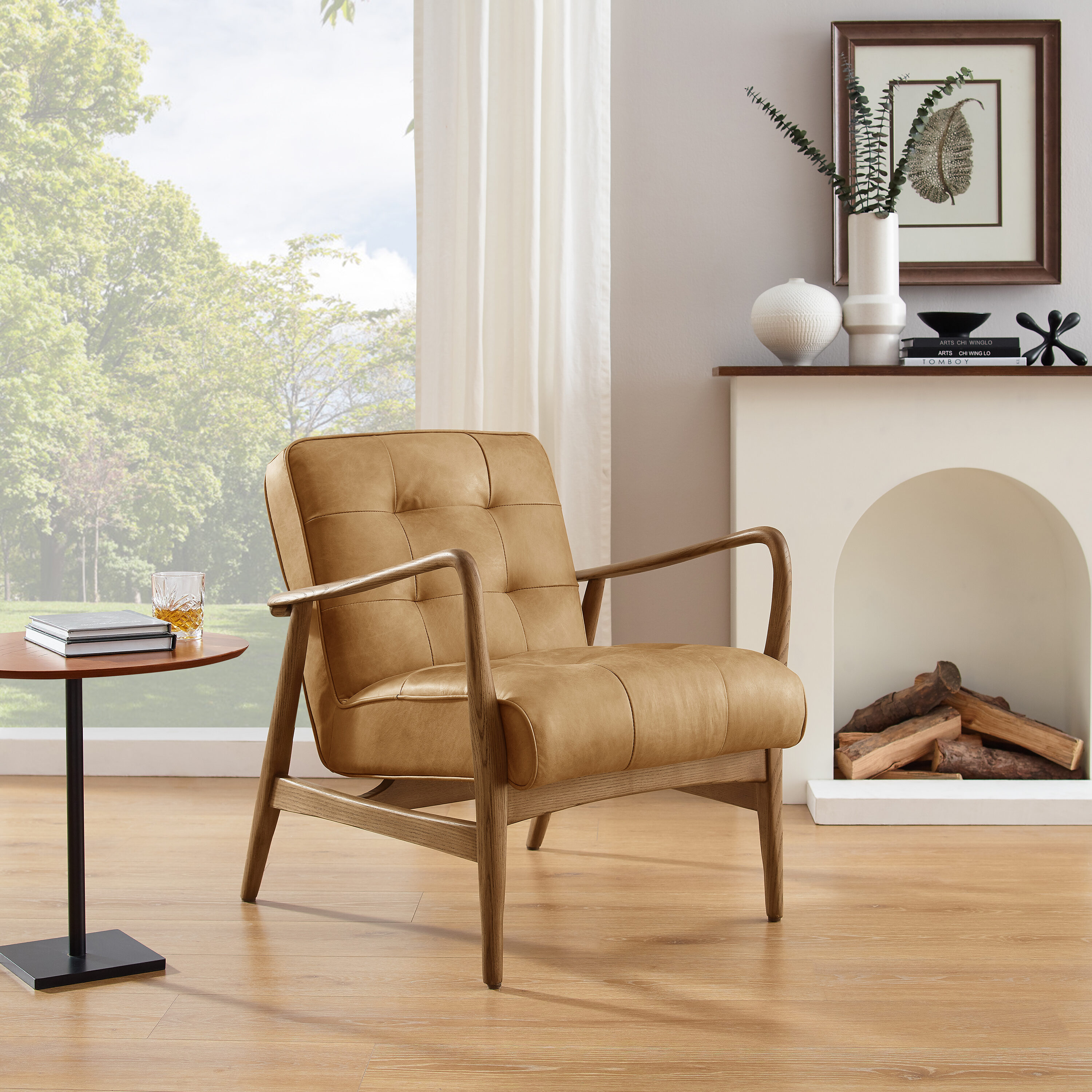 Art Leon Genuine Leather Accent Chair with Ash Wood Frame in the Chairs ...