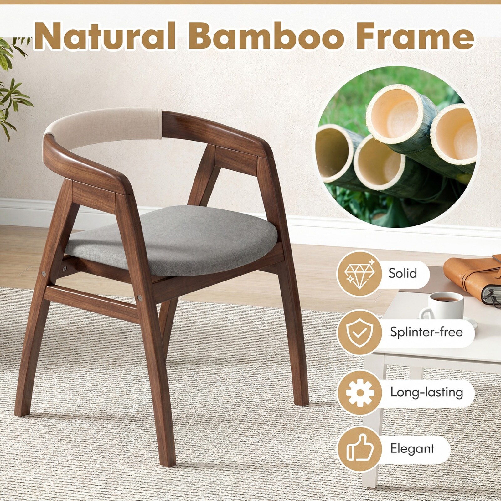 SUGIFT Bamboo Upholstered Dining Chair with Curved Back and Polyester ...