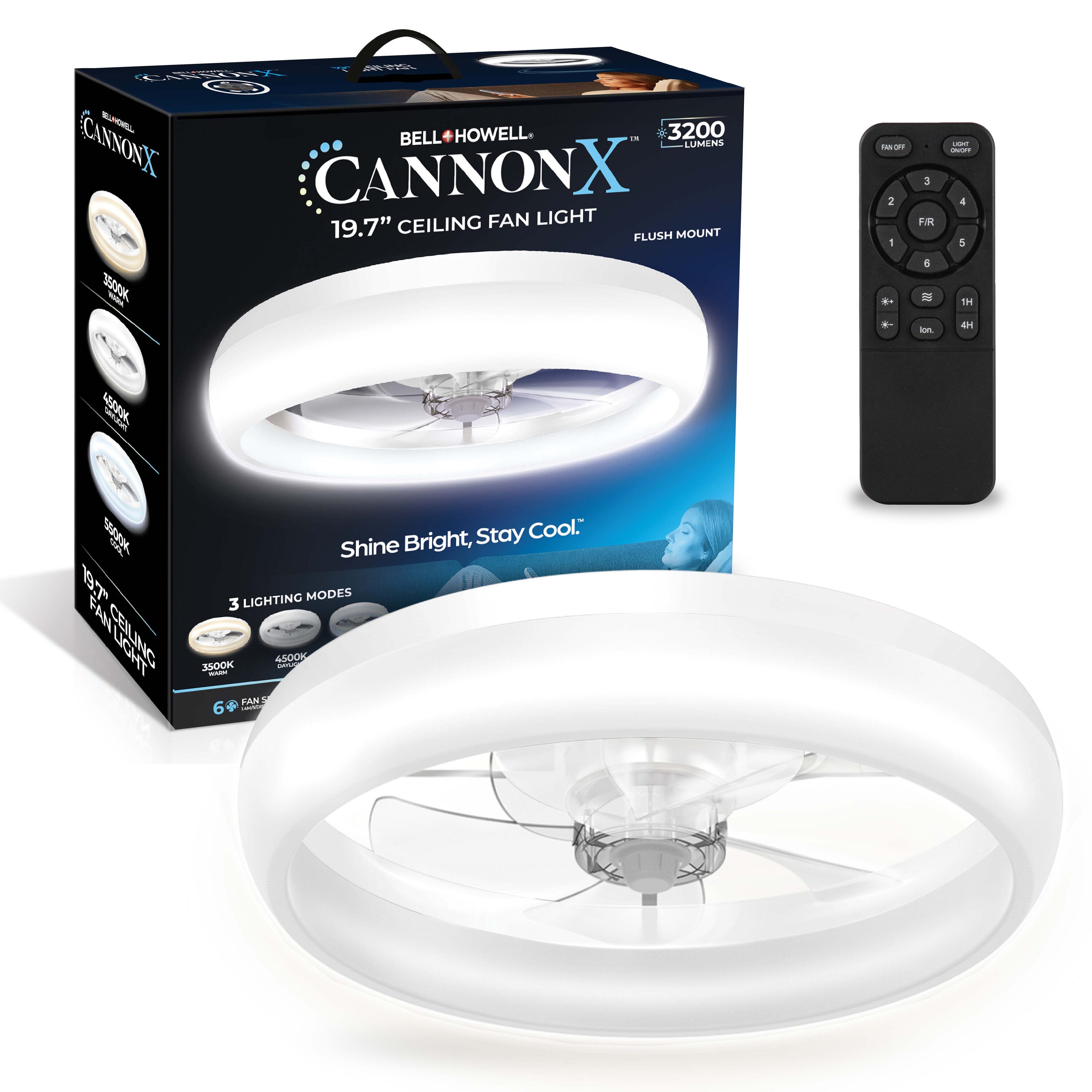 BELL + HOWELL CannonX  Low Profile Ceiling Fans with Lights and Remote- Flush Mount Modern Fandelier 19.7 inch- 3 Lighting Modes- White