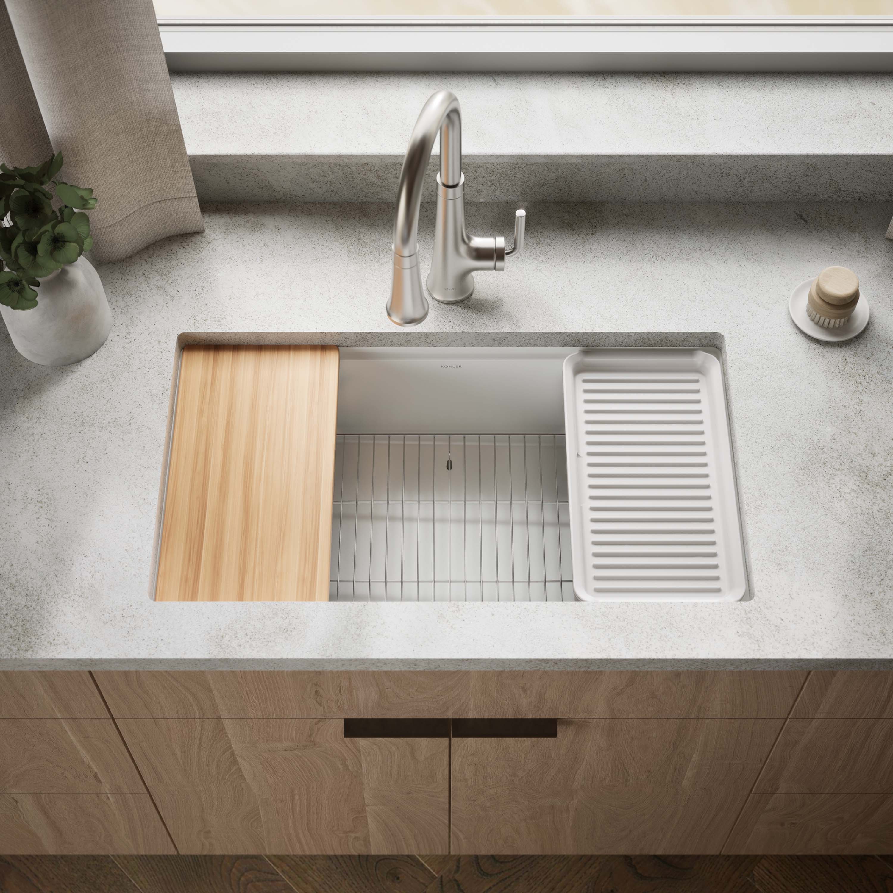 KOHLER 33710-PC-CM6 Billings Undermount 32.5-in x 18.31-in Composite Single bowl Workstation Kitchen Sink with Drainboard