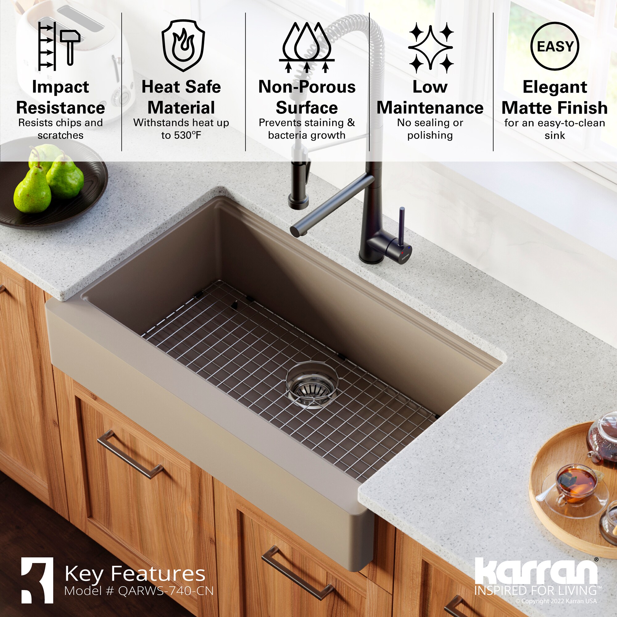 Concrete Quartz 34'' Single Bowl Farmhouse Workstation Sink