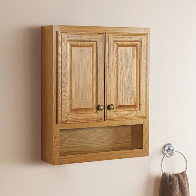Project Source 23 25 In X 28 7 Oak Bathroom Wall Cabinet The Cabinets Department At Lowes Com