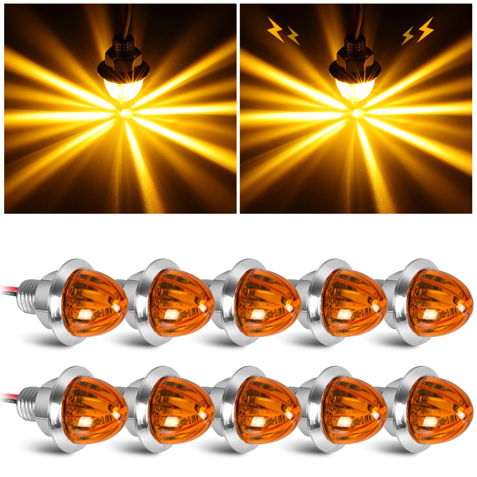 Oyezvary 10PCS Mini Watermelon Lights 3 quarter Inch Dual Function Amber LED Strobe and Constant Lights for 12V Semi Trailers Trucks RV #LOZ0820O038
