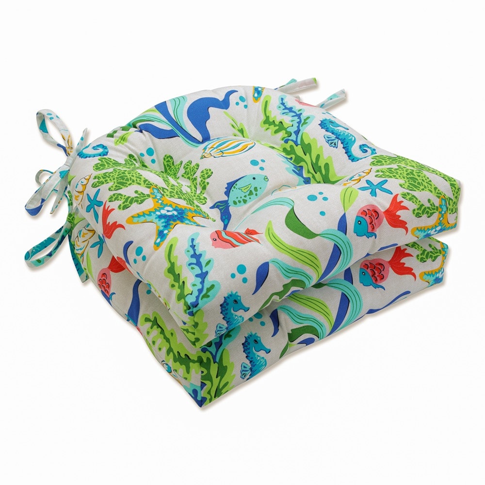 Coral Bay Blue Botanical Print Tufted Chair Pads Set