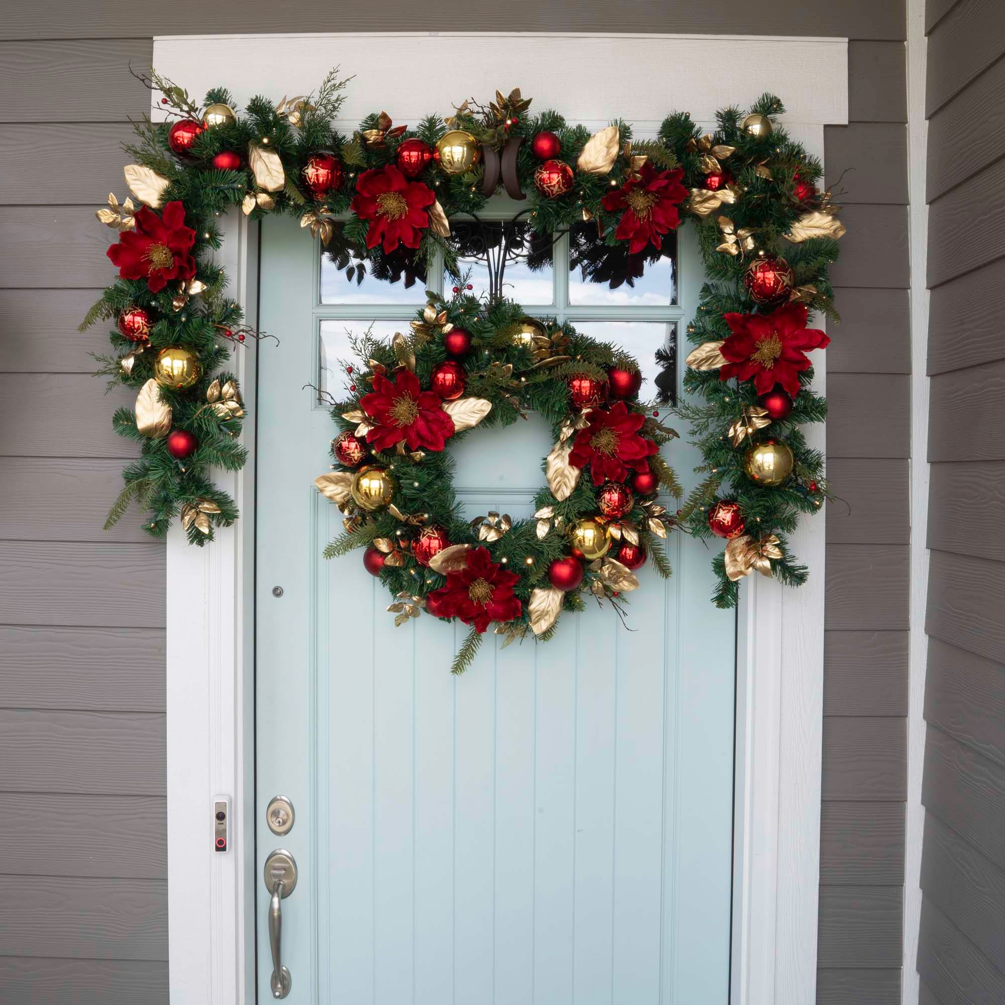 Golden Leaf Red Magnolia 30'' Artificial Christmas Wreath with LED Lights