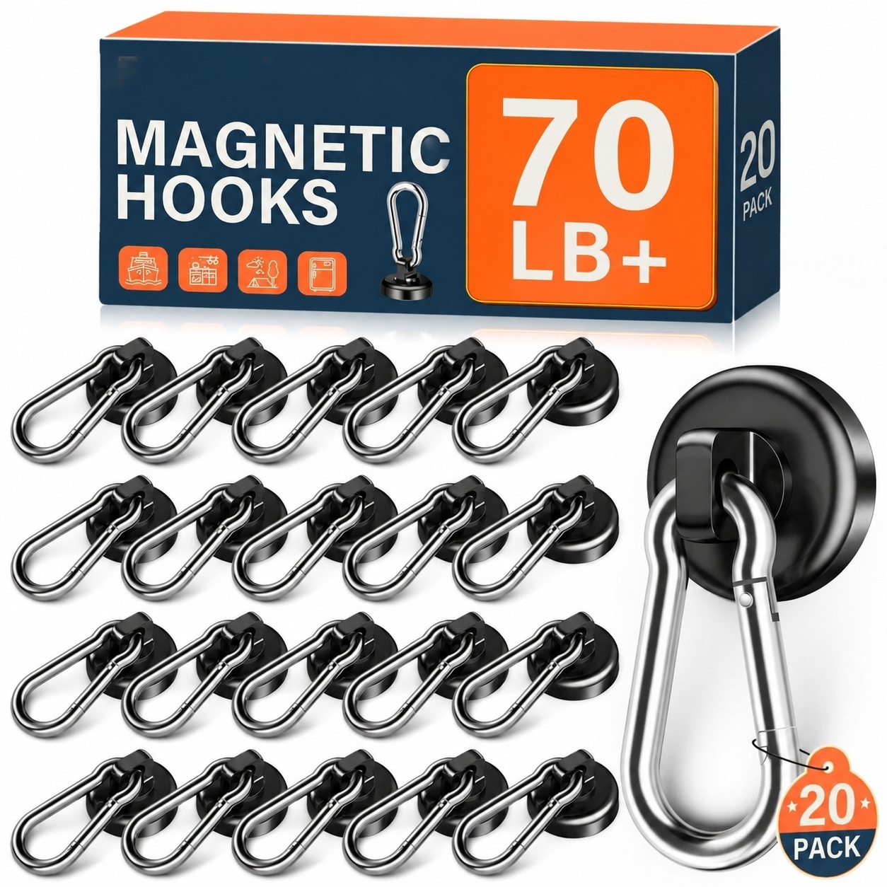 UUDULY  Magnetic Hooks with Swivel Carabiner Neodymium Magnet Hooks for Hanging Kitchen Office Home School Black 20 Pack durable home and garden