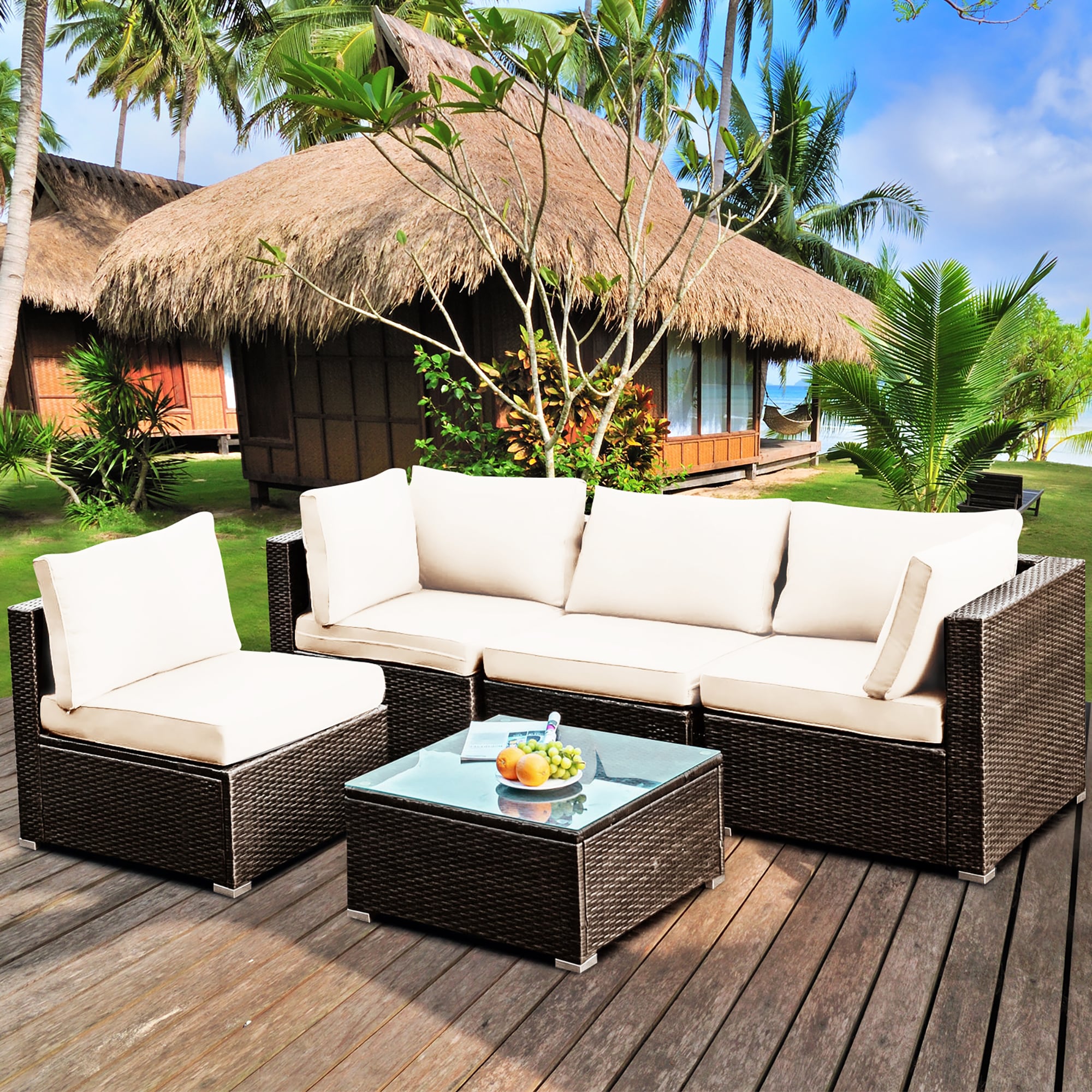 BABOOM BOM-BWH+-CO 5 -Piece Rattan 4 Patio Sofa Conversation Set with White Cushions