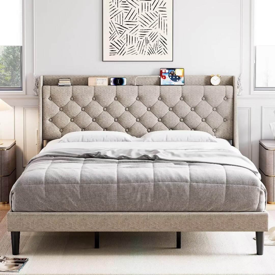 Qeetex LHF-BED-PHO-0ZF24W95 Full Upholstered Bed Frame with Wingback Headboard Luxurious Linen Upholstery Platform Bed Storage Shelf Charging Station and USB Ports Box Spring Optional Dark Gray