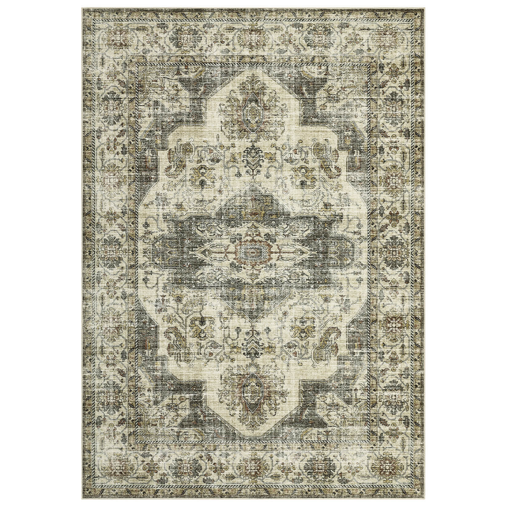 Qeetex LSN-PHO-166S40RJ 5 x 7 ft Polyester Dark Brown Rectangular Hallway Bathroom Entryway Kitchen Office Foldable Flower Printed Persian Washable Area Rug
