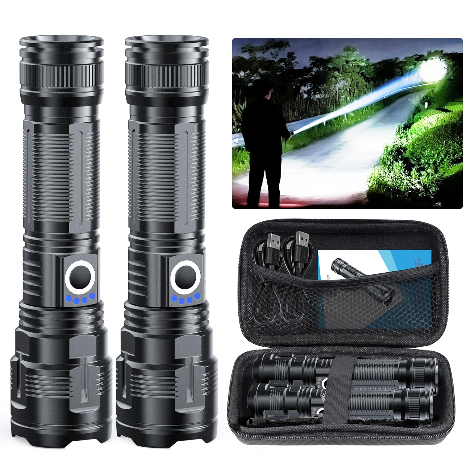 KHKFY  High Lumen renewable power USB C Flashlight Super Bright LED Long Beam 3280Ft Waterproof Tactical Flash Light for Emergency Camping