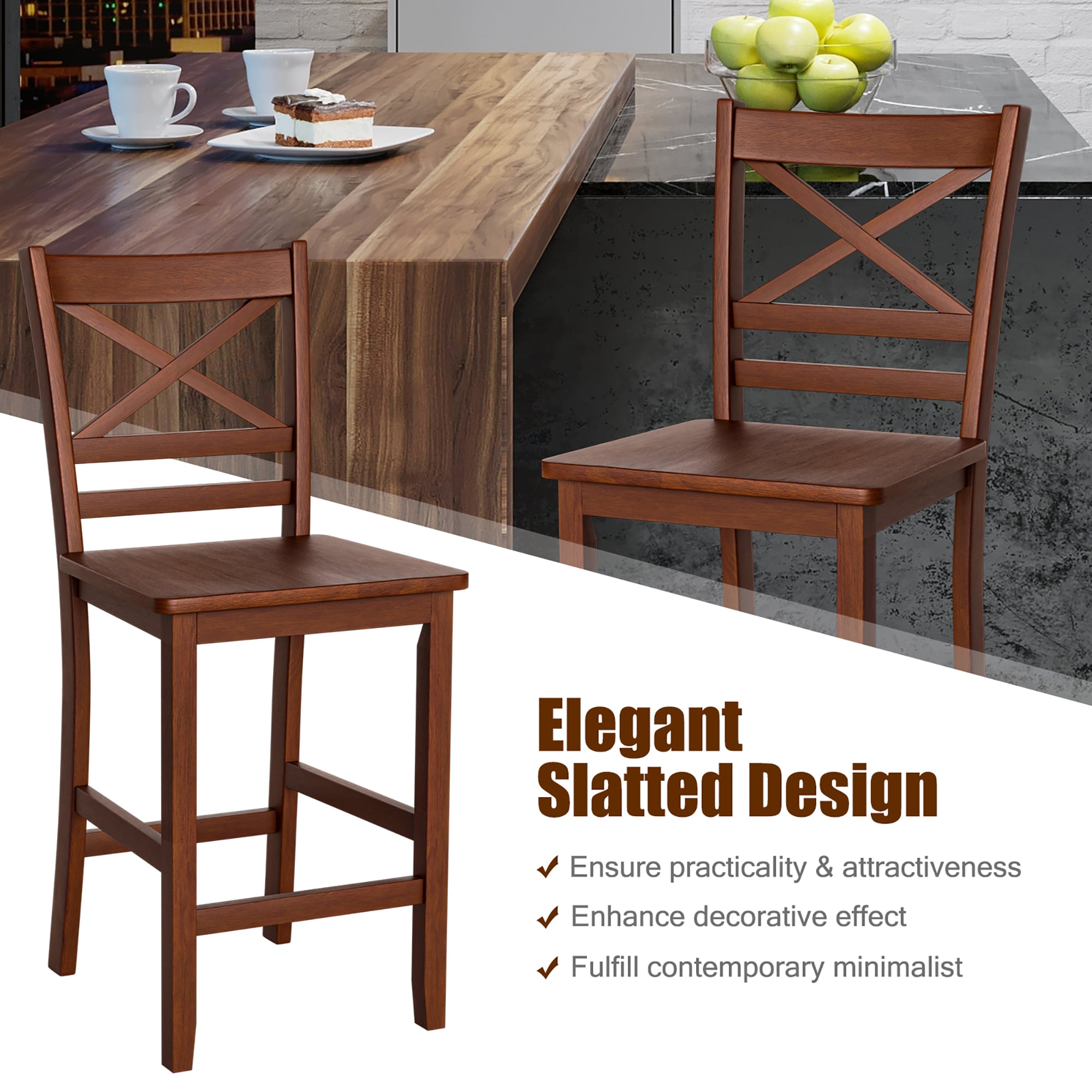 Antique Walnut 24'' Rubber Wood Counter Height Bar Stool Set