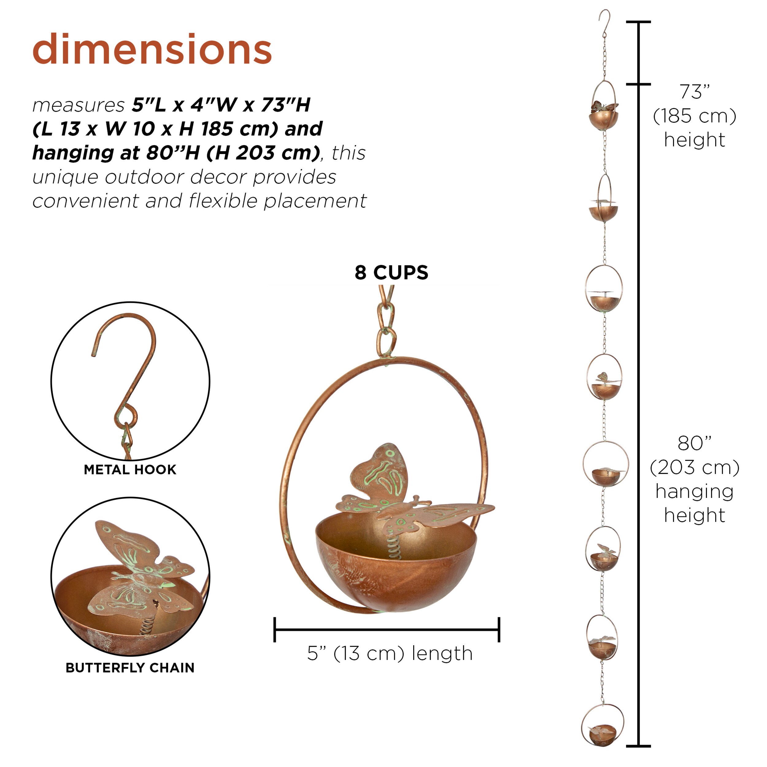 Copper Iron Hanging Butterfly Rain Chain with Spring, 73" Outdoor Decor