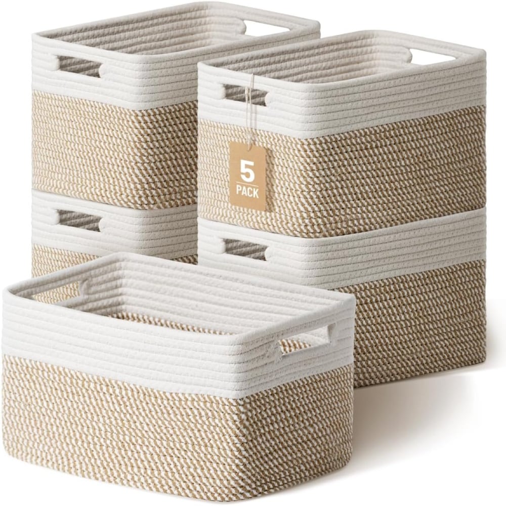 Baginizer  Woven Storage Baskets for Shelves 5 Pack Cotton Rope Decorative Organizer Bins for Toys Books Clothes Closet Nursery Bathroom Khaki White