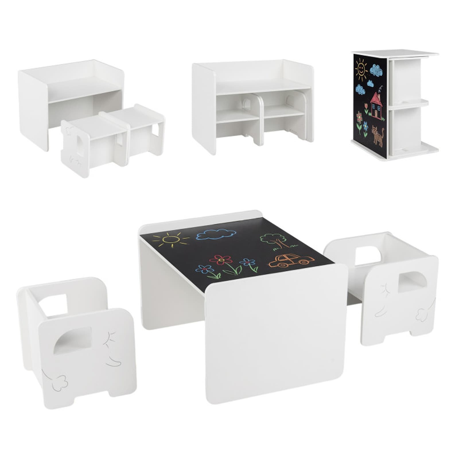 SUGIFT 3 Piece Kids Table and Chair Set with 2 Chairs Chalkboard Tabletop Rounded Corner Anti Slip Foot Pads Elephant Pattern MDF Toddler Activity Desk for 3 Years and Older with Chair Storage Under Table White