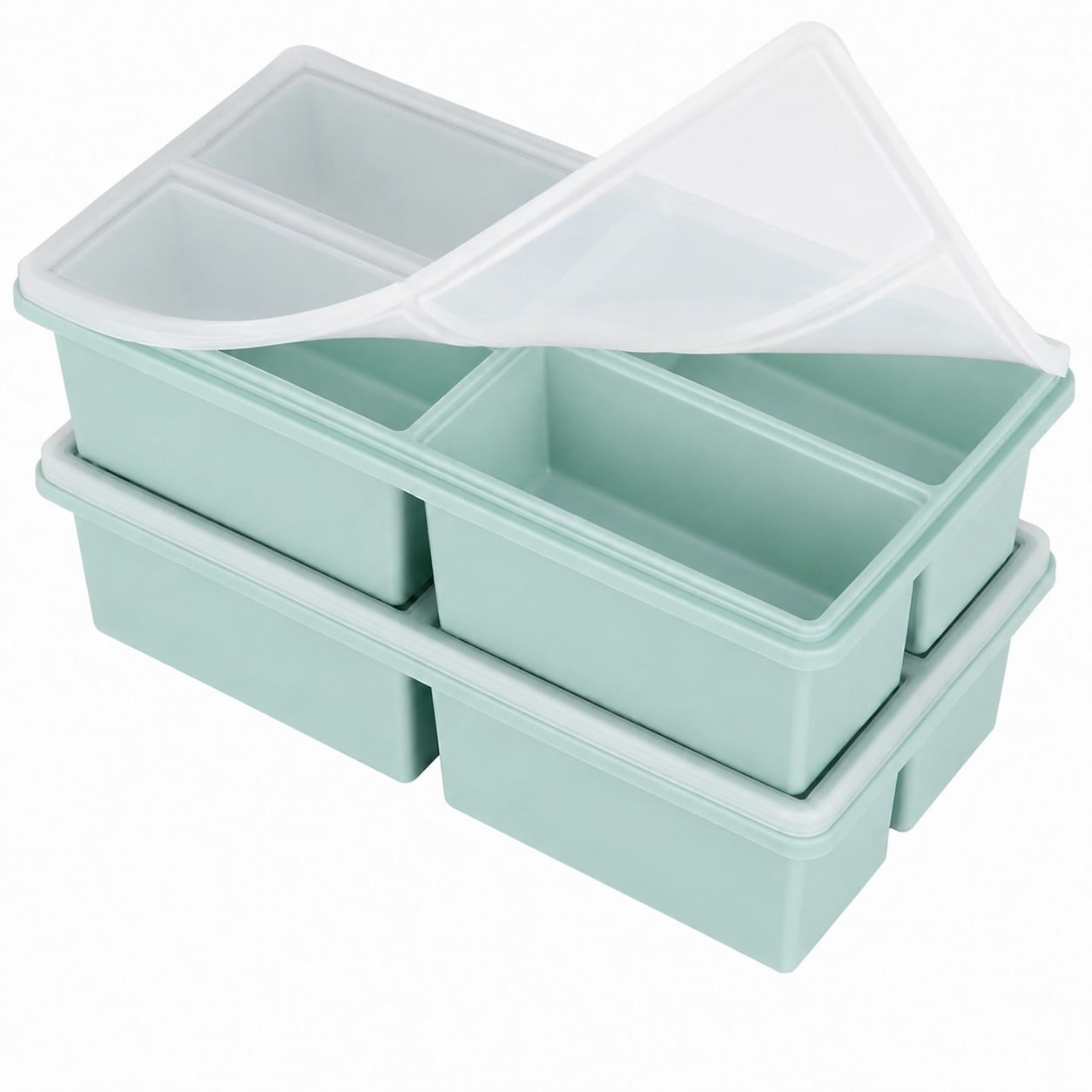 Aoibox  2 Pack Silicone Freezer Trays with Clear Lids and Steel Rim 4 Compartment Soup and Sauce Ice Molds