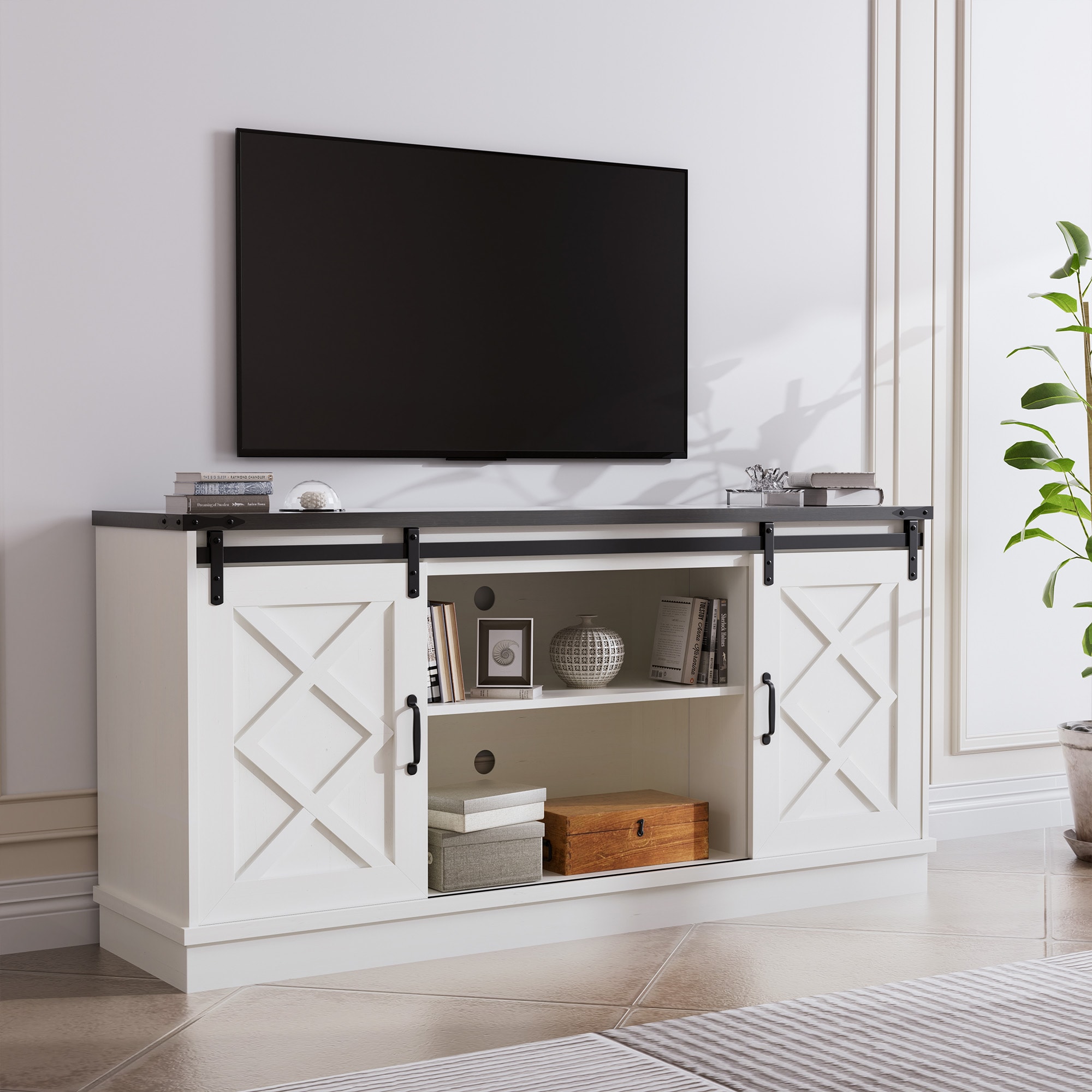 White Farmhouse 58" TV Stand with Sliding Barn Doors