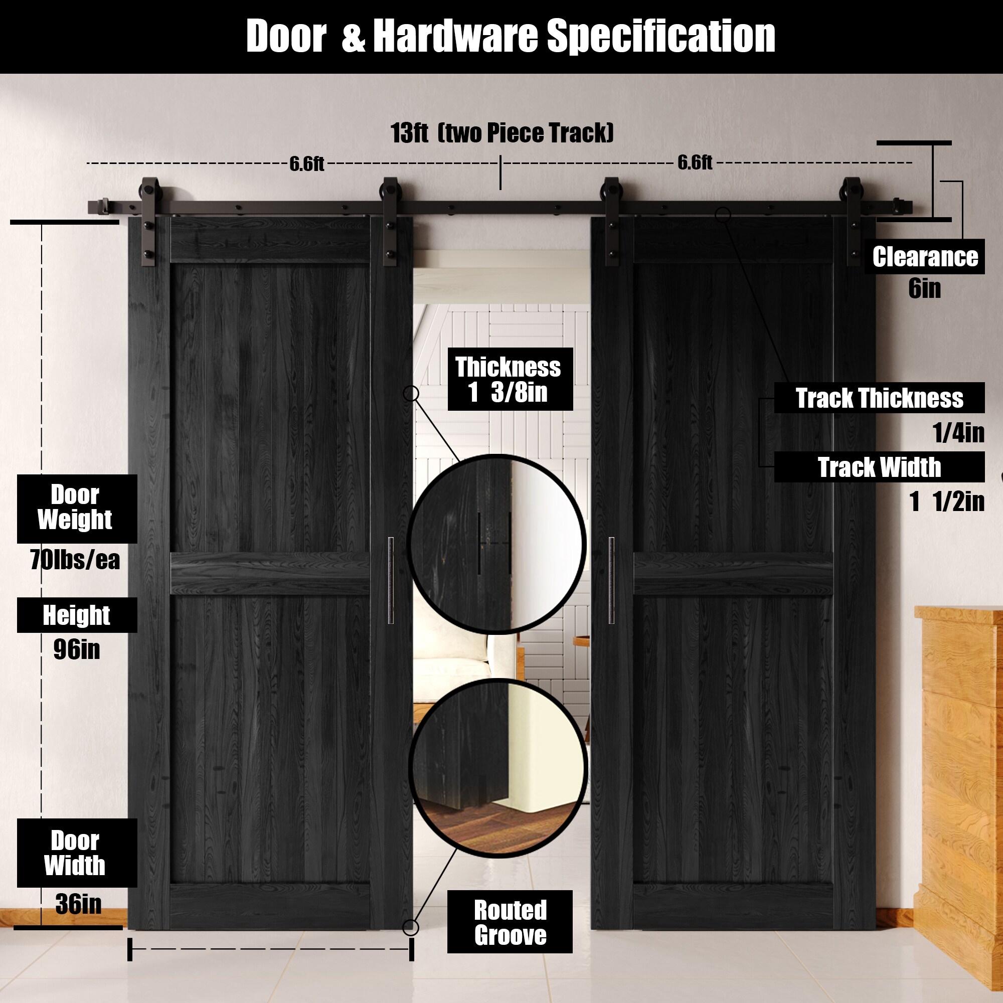 HOMACER YT2TGH156C-3696-H-BK Barn-Doors - View #2