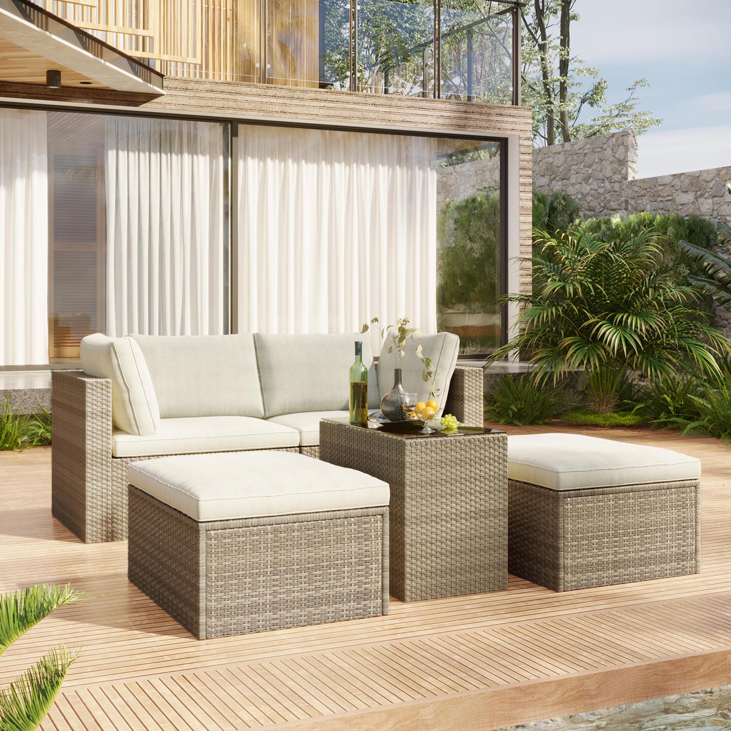 SINOFURN 5-Piece Rattan Patio Conversation Set With Cushions In The ...