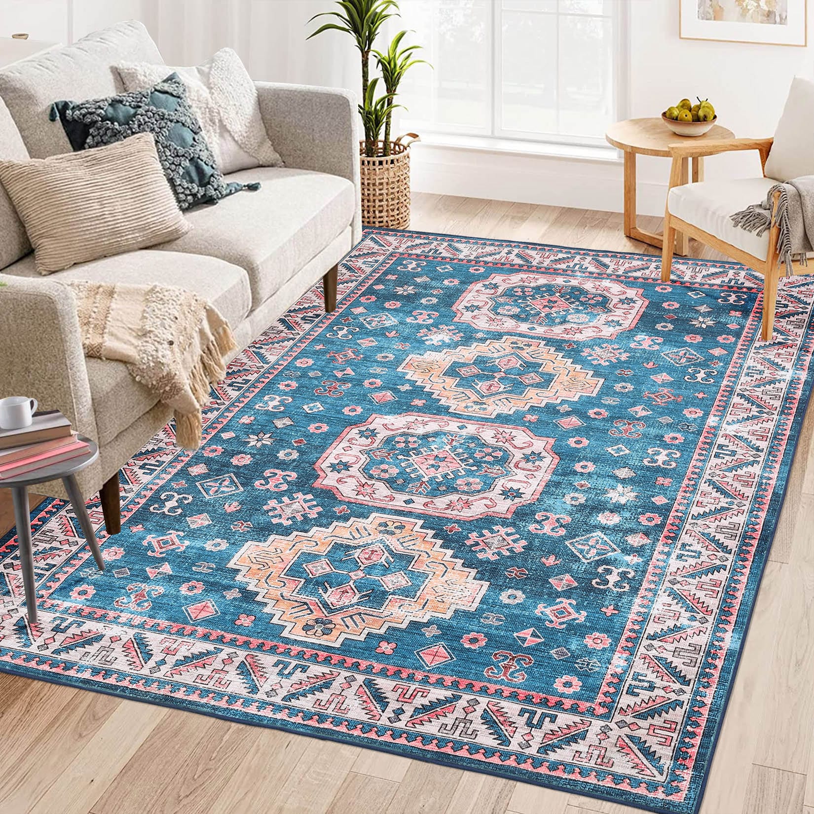 Garvee YXY-LO-PHO-0YJVYOPZ 5 x 7 (ft) Polyester Teal Rectangular Indoor Medallion Oriental Machine washable Area rug