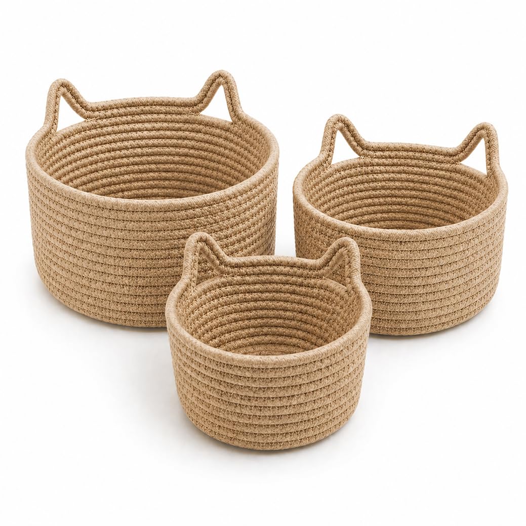 Afoxsos  Small Woven Storage Baskets Set of Three Cotton Rope Nursery Organizers with Round Cat Ears for Desk Decor Kids Toys and Home Storage