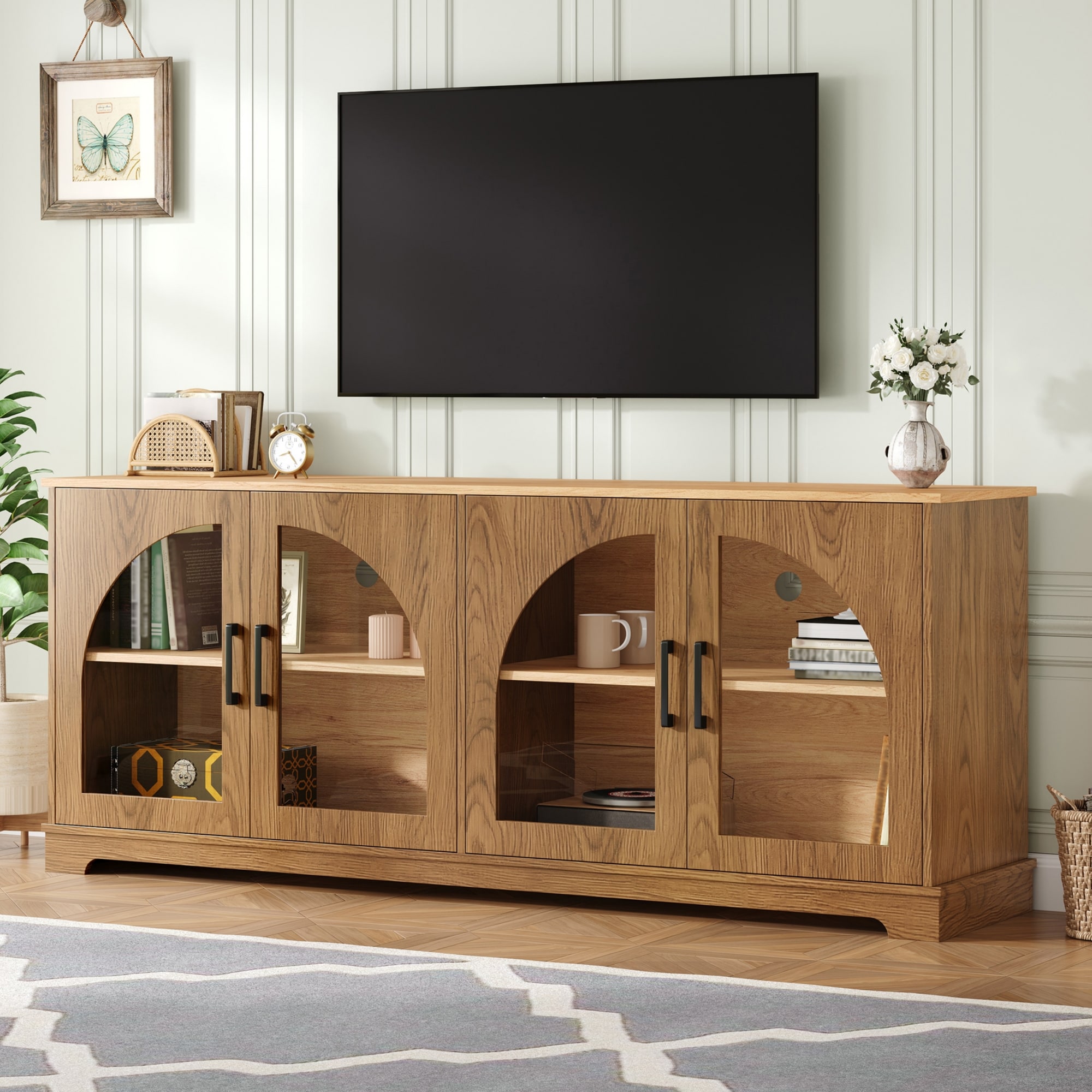 Roomfitters  Farmhouse TV Stand for TVs up to 70 Inch Media Console Semi Arched Glass Doors Cable Management Brown