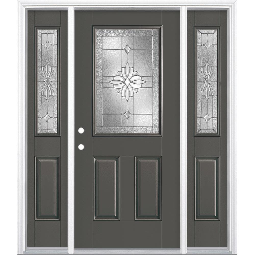 Masonite 997589 Laurel 64-in x 80-in Fiberglass Half Lite Right-Hand Inswing Timber Gray Painted Single Front Door with Sidelights with Brickmould Insulating Core