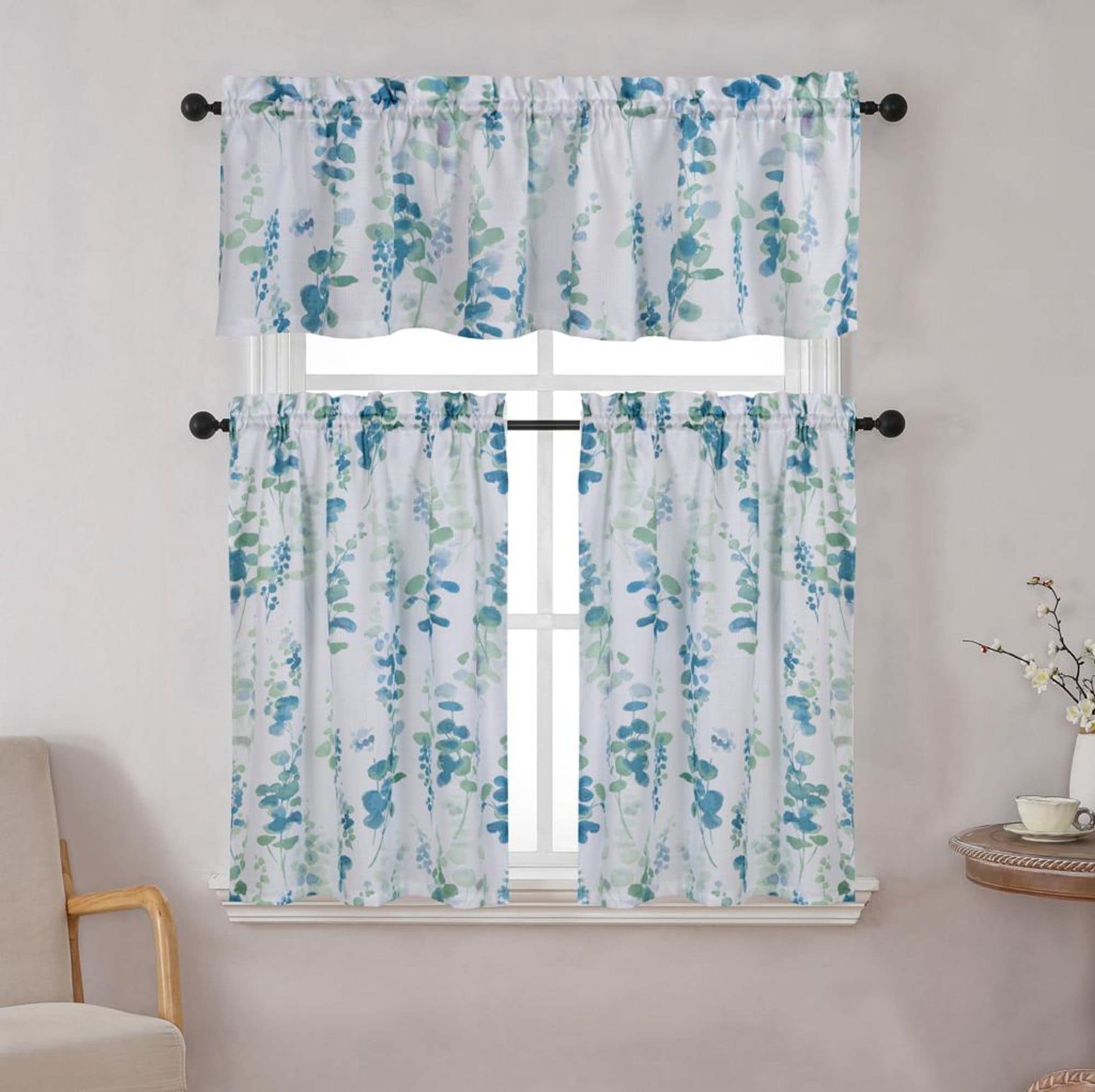 KATE AURORA - Watercolor Floral Lillies Complete 3 Piece Rod Pocket Kitchen Curtain Tier and Vala...