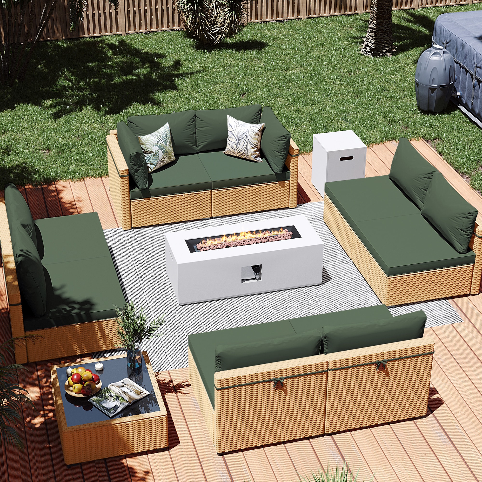 Patio Watcher LS-RT9-KD42CWH-Y3 10 -Piece Rattan Patio Conversation Set with Green Cushions