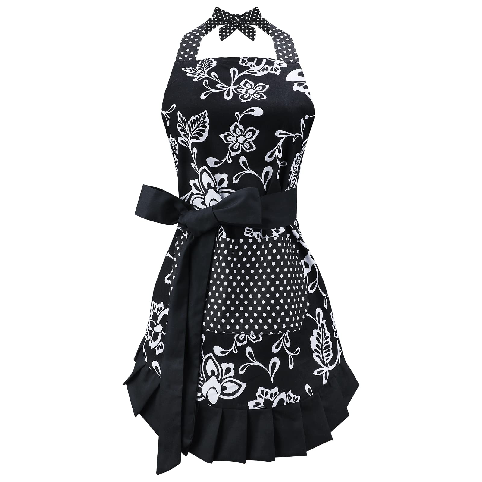 UUDULY  Vintage Floral Kitchen Apron for Women Black Pleated Hem Cooking Apron with Pocket Retro Cotton Apron for Kitchen and Home Use 29 by 21