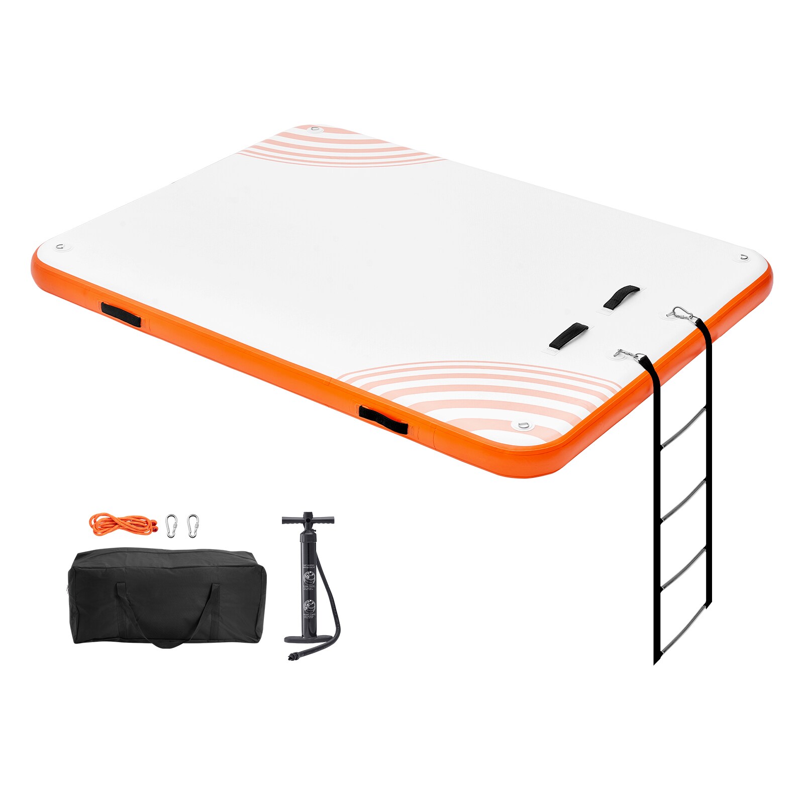 GIVIMO White and Orange Inflatable Floating Dock 10 x 8-ft Platform with 6-in Thick PVC Brushed Non-Slip Deck 6 Stainless Steel D-Rings 4 Galvanized Iron Hooks 10-ft Nylon Rope Four-Step Soft Ladder Dual-Action Hand Pump and Carrying Bag