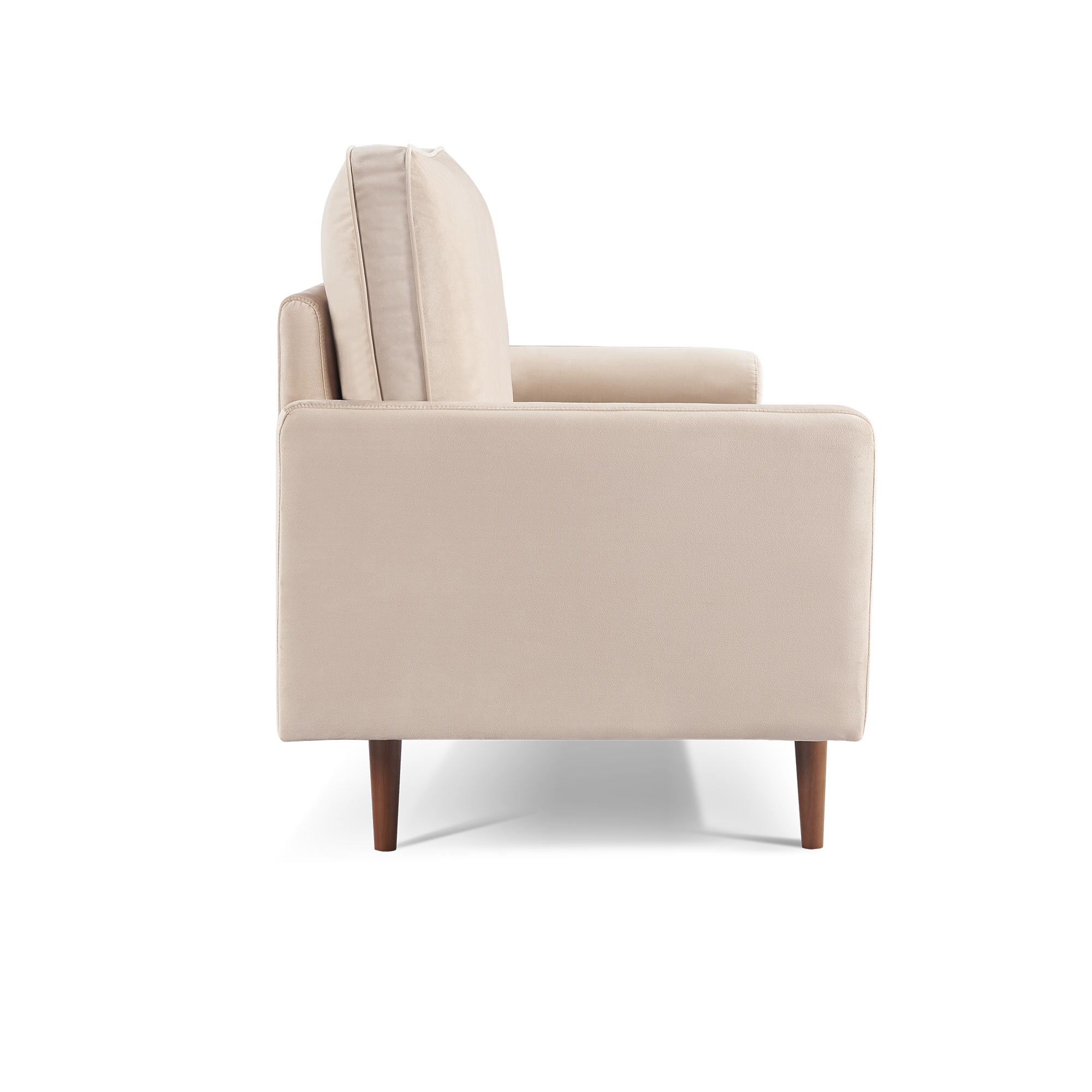 Beige Velvet Loveseat with Wood Legs and Bolster Pillows