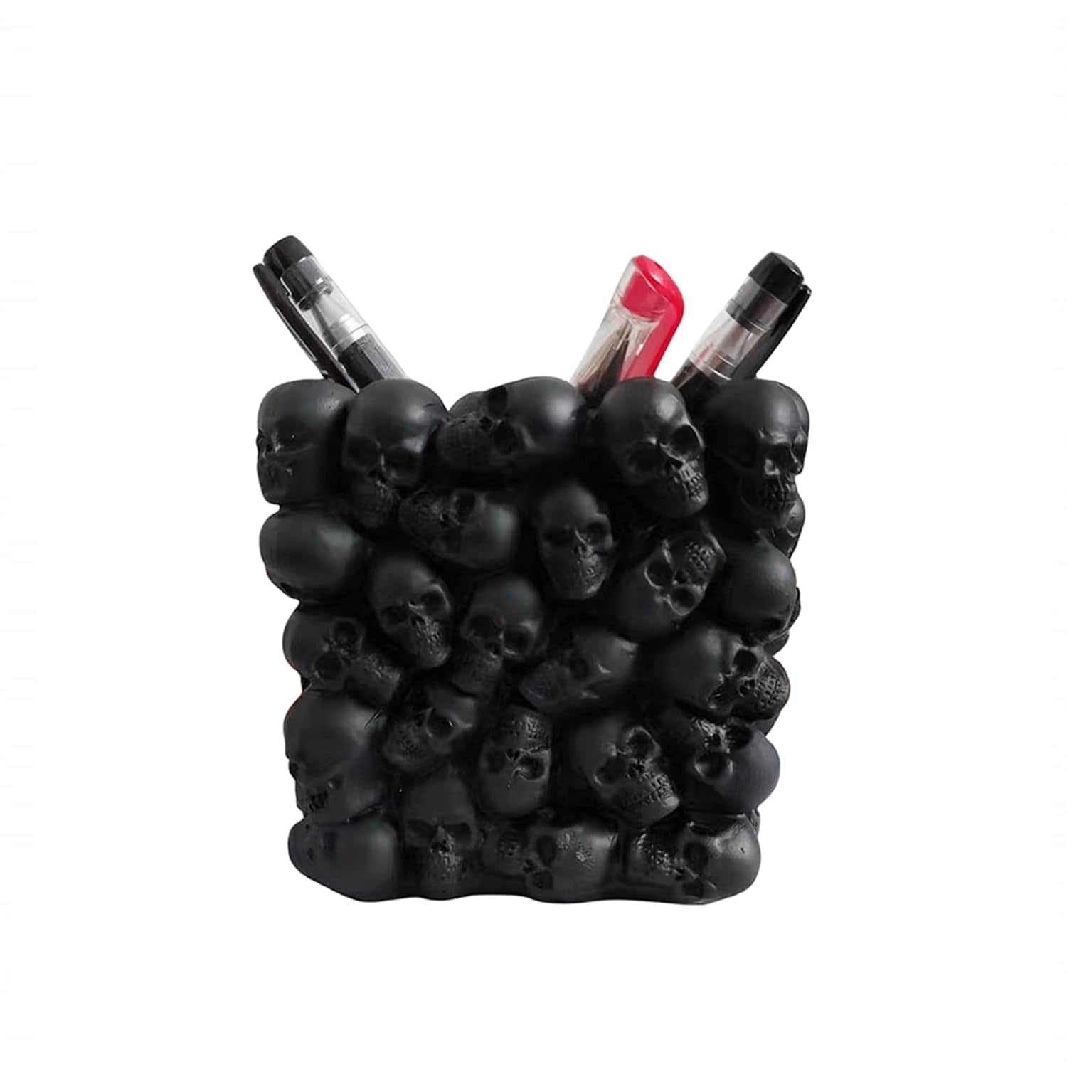 Adrinfly  Skull Pen Pencil Holder Makeup Brush Holder Toothbrush Holder Flower Pot Key Storage Resin Skeleton Home Office Halloween Decor Black