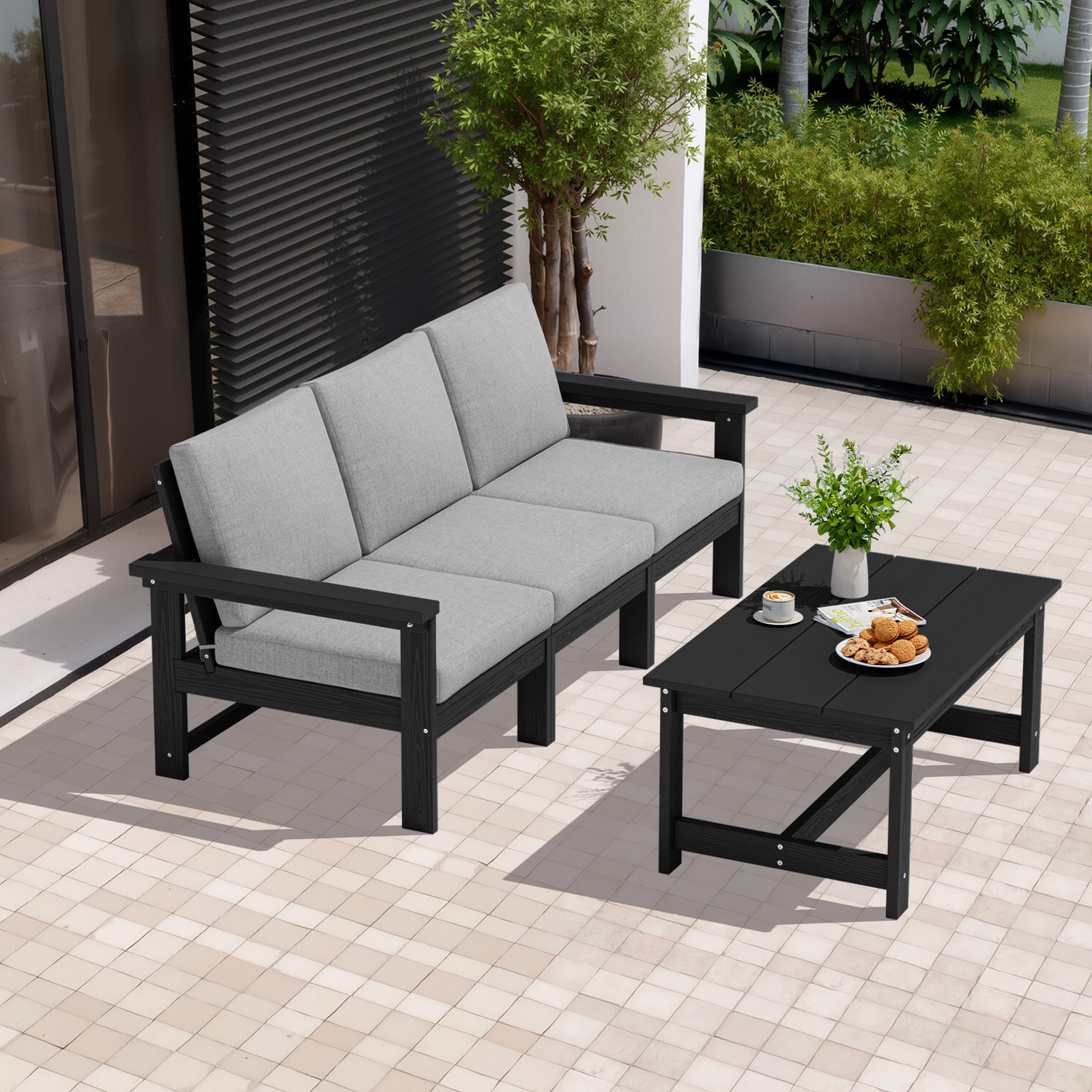 VOUA ZHSF04-BG HDPE Patio 3-Seater Sofa Set with Coffee Table 2 -Piece Patio Sofa Conversation Set with Gray Cushions