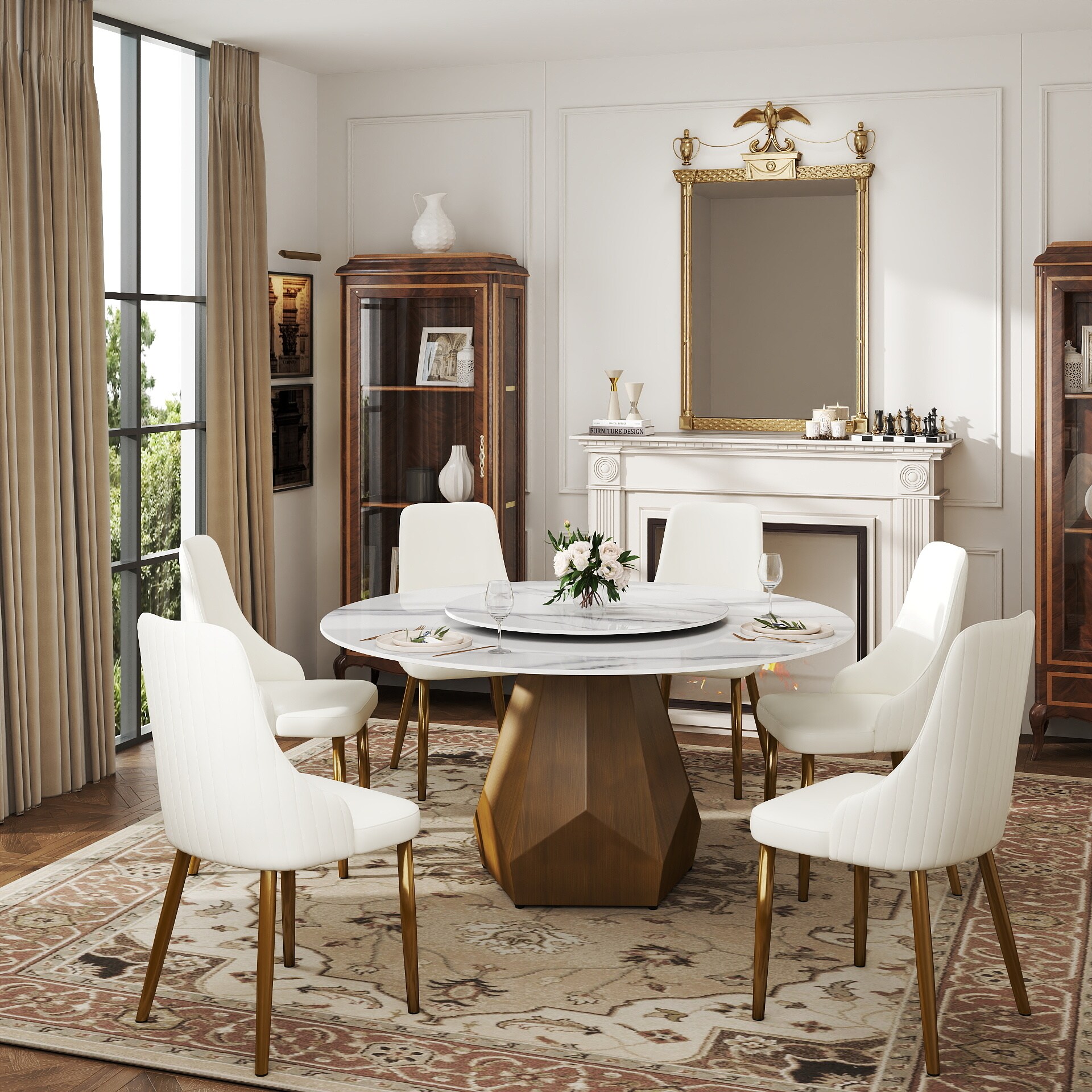 BuotiqHom DH-AT-150W80W-6C 59 in. White Round Contemporary/Modern Dining Table, Ceramic with Primed Metal Pedestal Base 59-in L x 29.5-in H