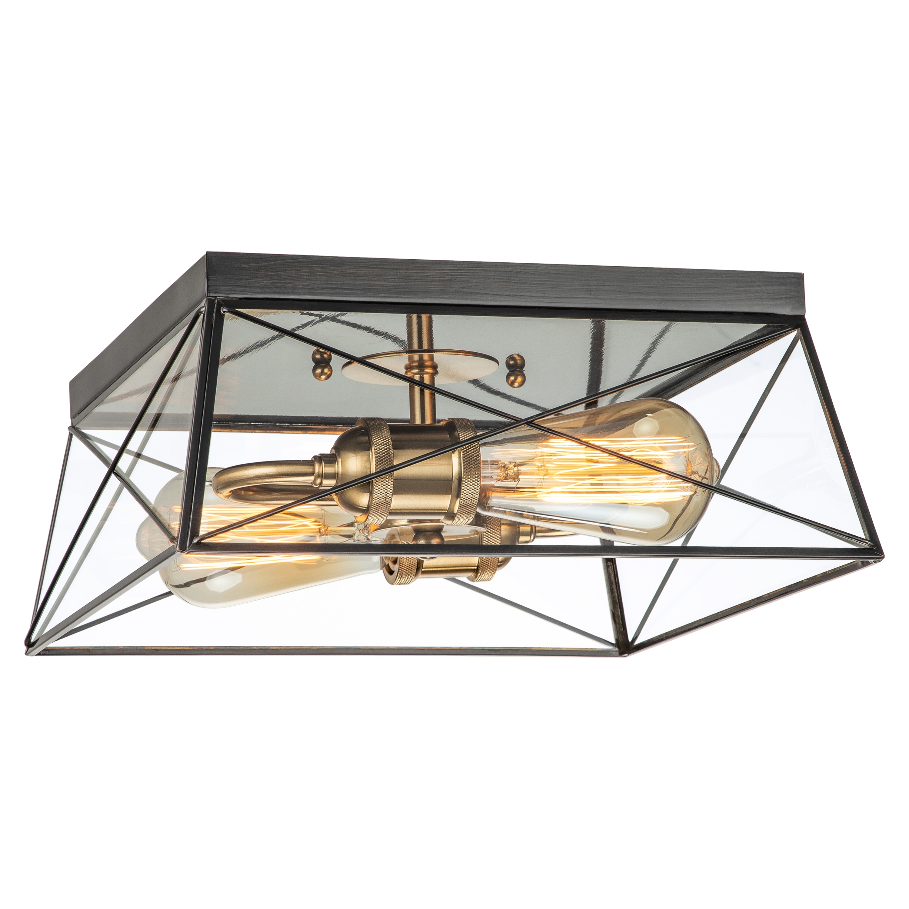 Modern Barn-Style Dark Bronze and Brass 11.75" Flush Mount with Clear Glass