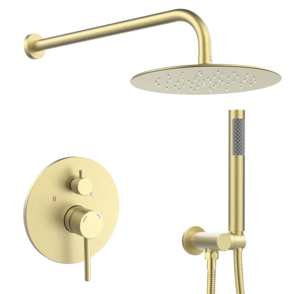 LuckByte 10 in. Single Handle Spray Shower Faucet Set 2.2 GPM Shower System Shower Faucet Set Wall Mounted in Brushed Gold