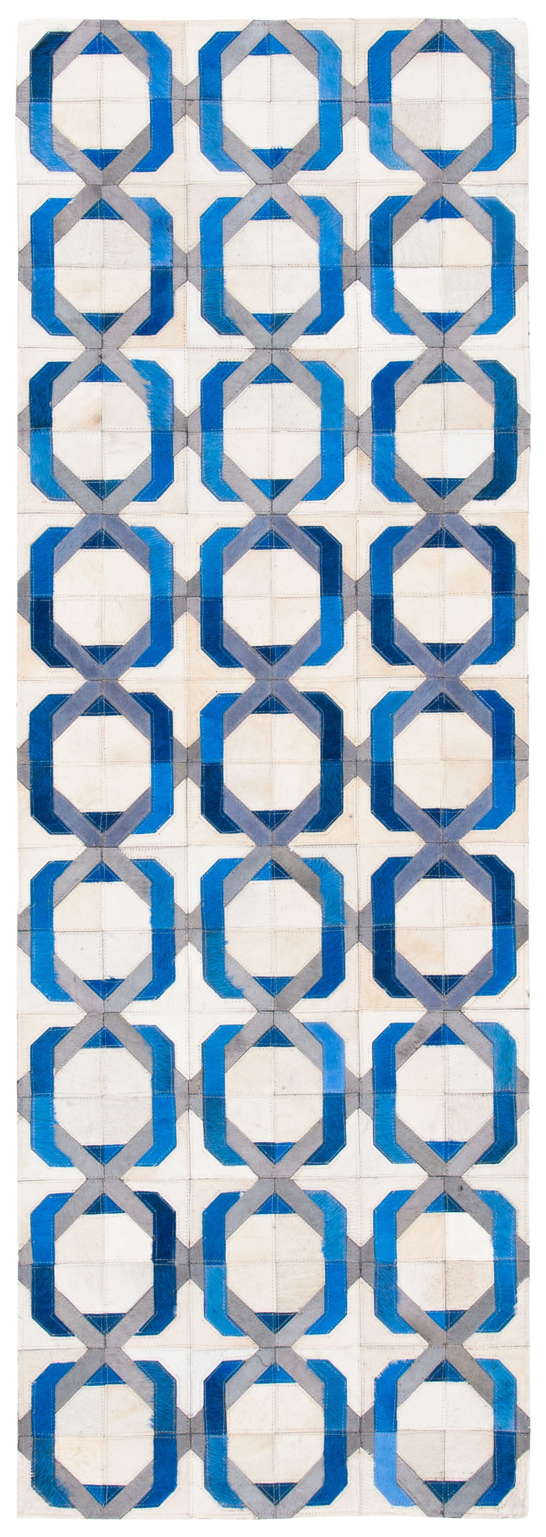 Ivory Geometric Hand-Stitched Cowhide Area Rug - Reversible & Washable