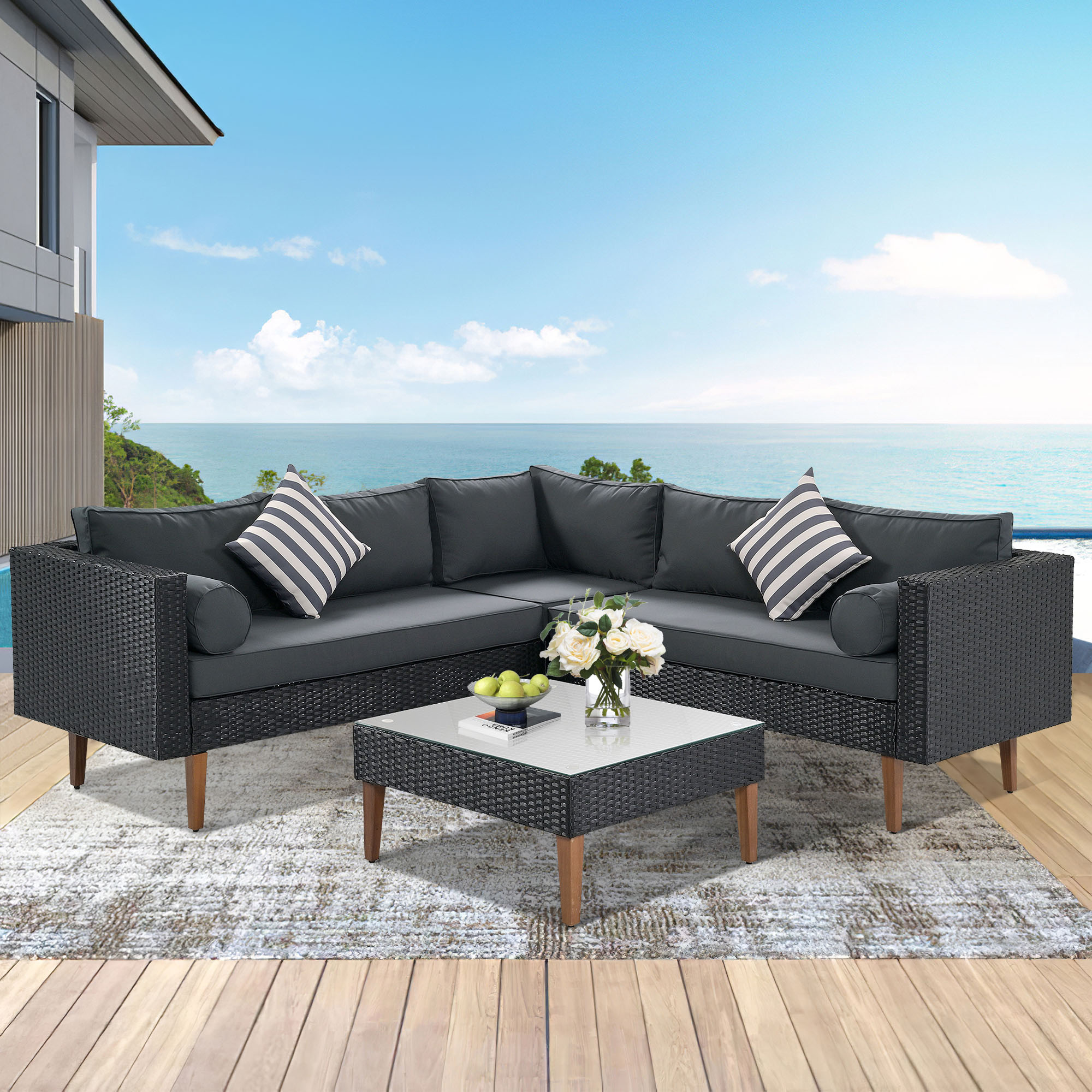 ModernLuxe L-FG201221AAE 4-pieces Outdoor Wicker Sofa Set Wicker Outdoor Sofa with Gray Cushions and Wicker Frame