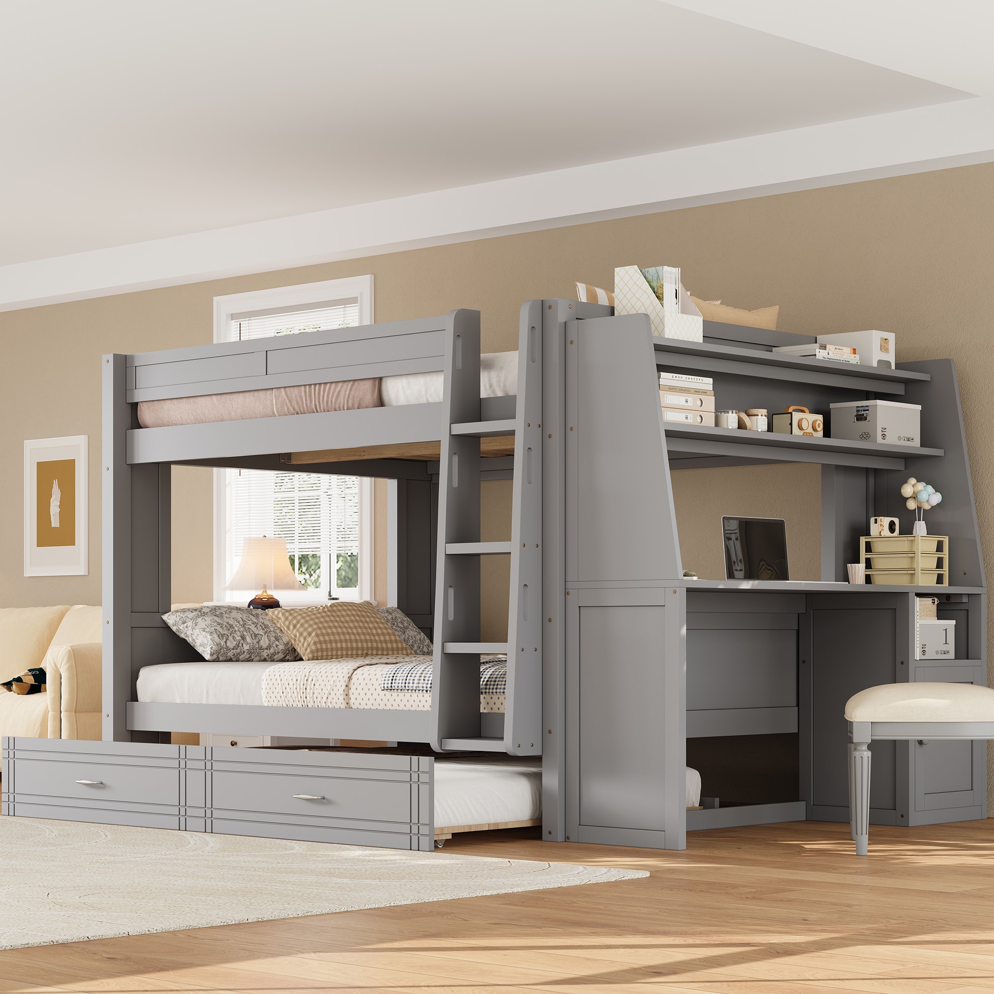 ModernLuxe L3P-N7090005011E Full size Multifunctional Bunk Bed with Desk and Bookshelves Trundle Gray