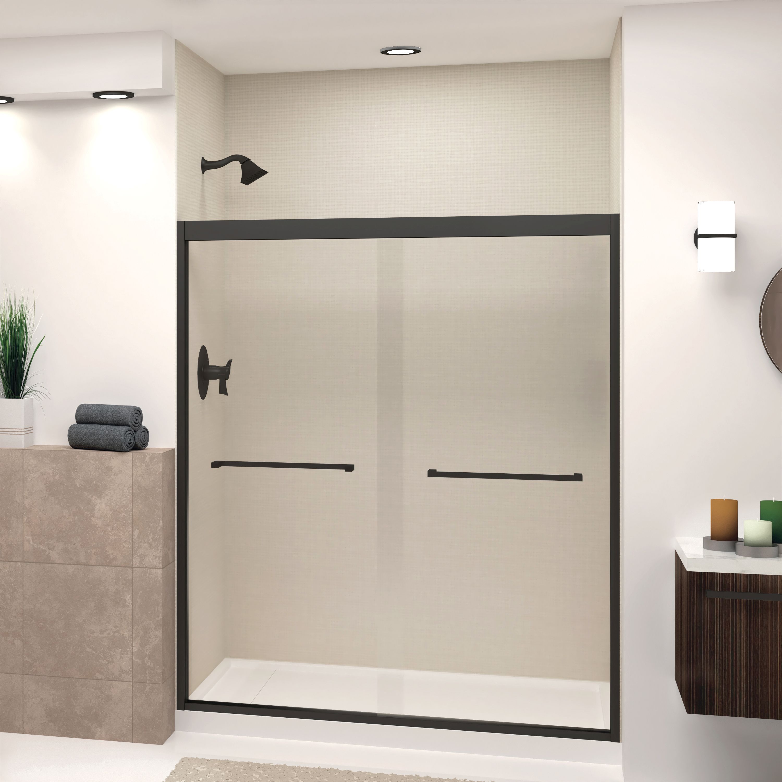 Transolid FBPT607008C-S-MB Frederick Matte Black 57-3/4-in to 59-in W x 70-in H Semi-frameless Sliding Soft Close Shower door 5/16-in Thick Tempered Glass
