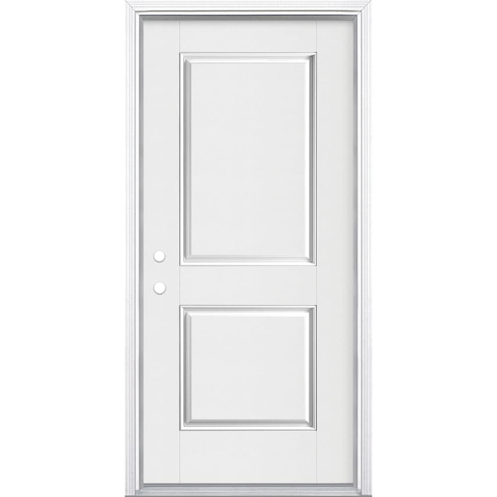 Masonite 1218140 36-in x 80-in x 4-9/16-in Fiberglass No glass Right-hand inswing Arctic White Painted Prehung Front Door with Brickmould Insulating core