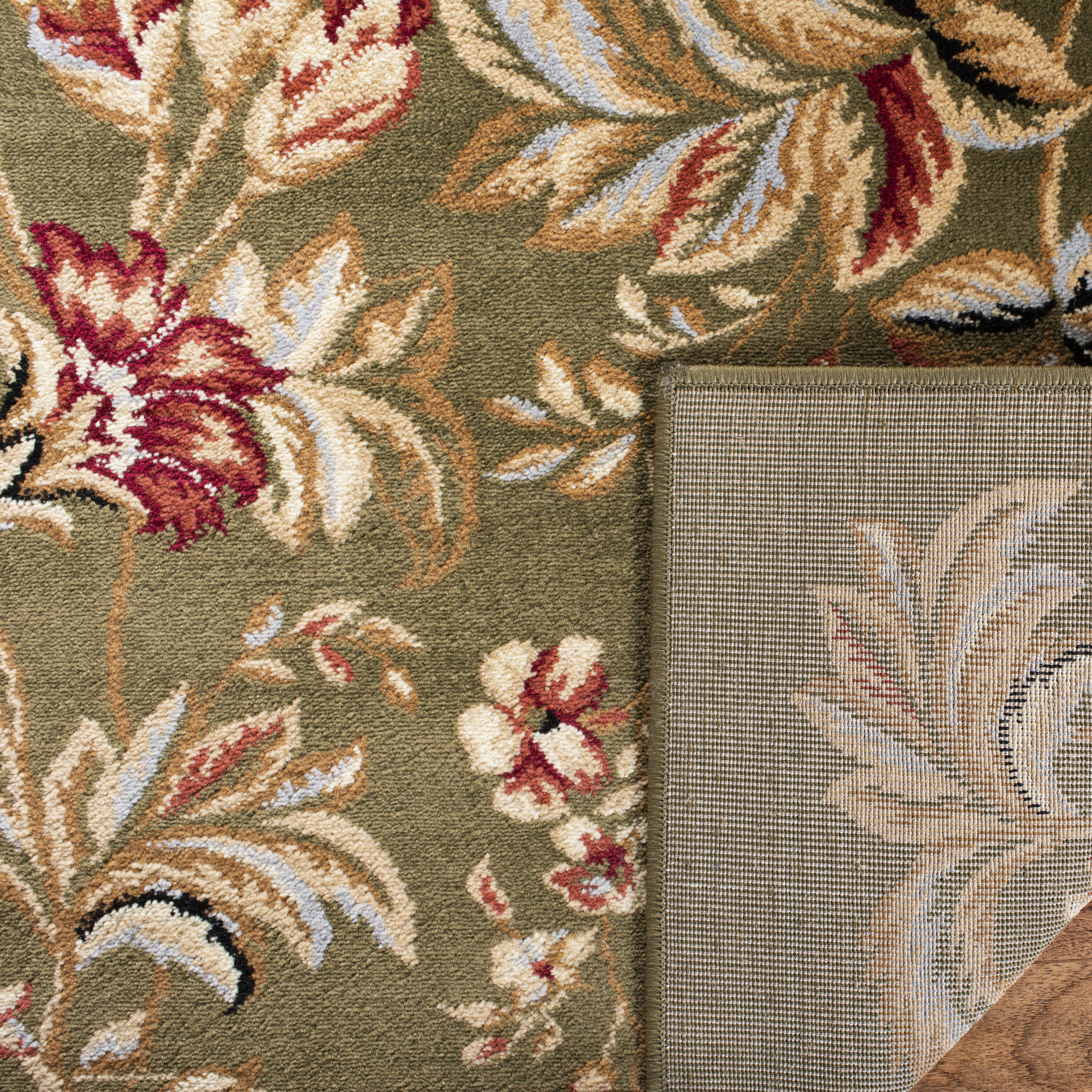 Handmade Sage and Red Synthetic Floral Area Rug, 5'3" x 7'6"
