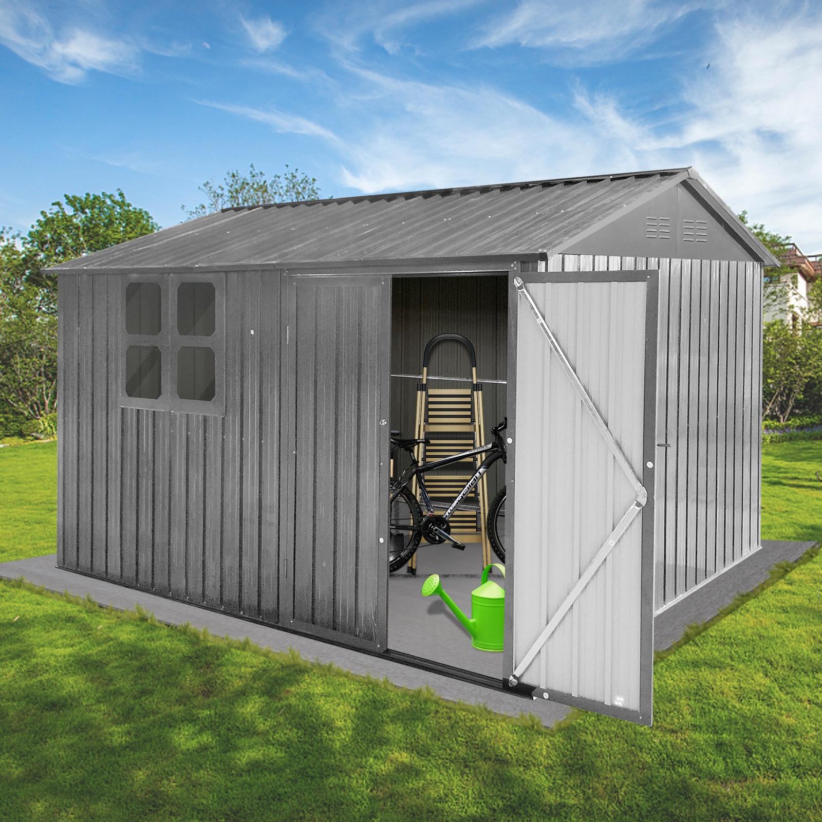 GDFStudio 336859 Outdoor Metal 10x8FT Garden Shed Storage Grey with Window