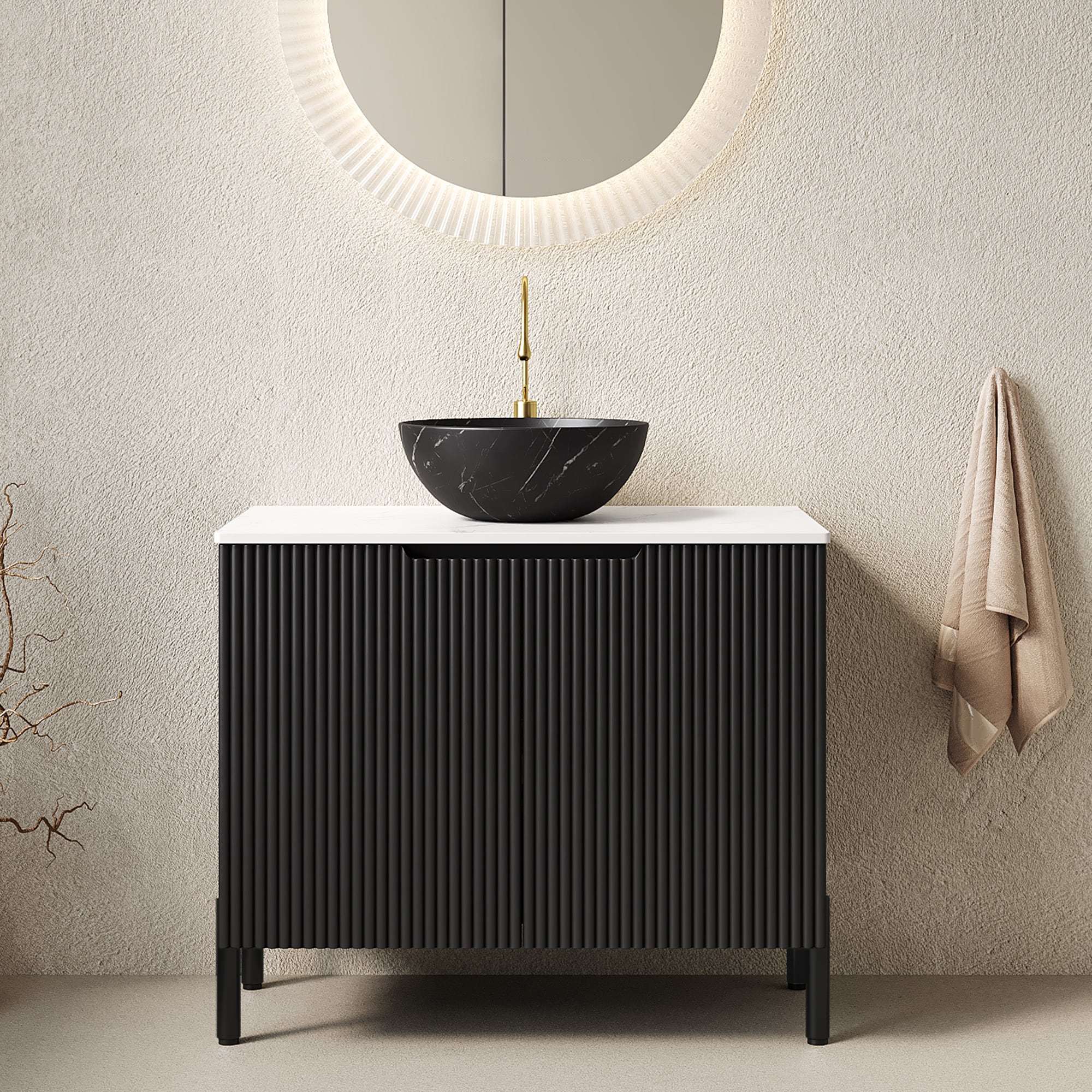 Vynxaria - 30 in Black Freestanding Bathroom Vanity with Matte Black Ceramic Sink Carrara White S...