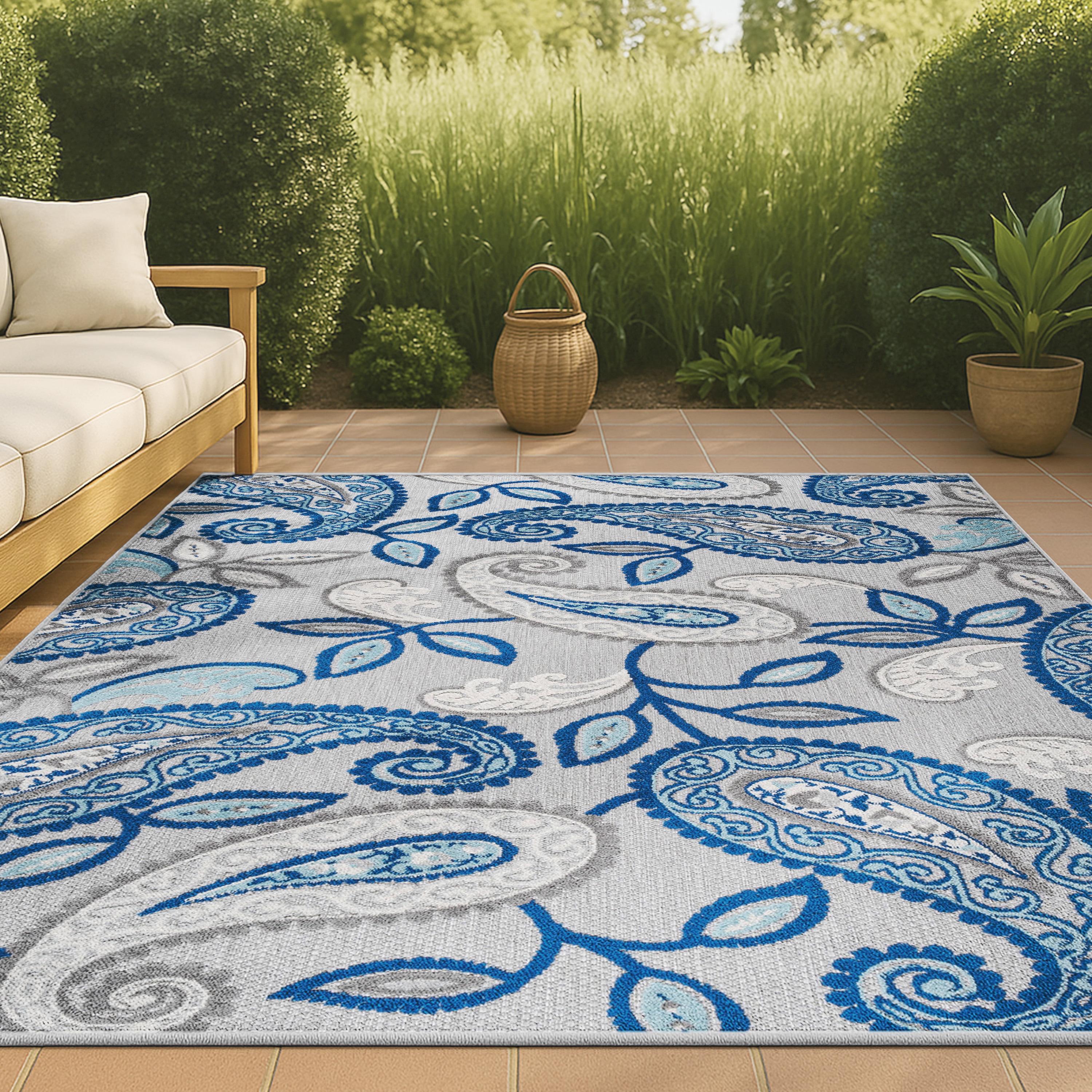 JONATHAN  Y AMC102C-4 Amalfi Coast Julien Paisley High-Low 4 x 6 (ft) Loomed Polypropylene Blue/Light Gray Rectangular Indoor/Outdoor Paisley Coastal Area rug