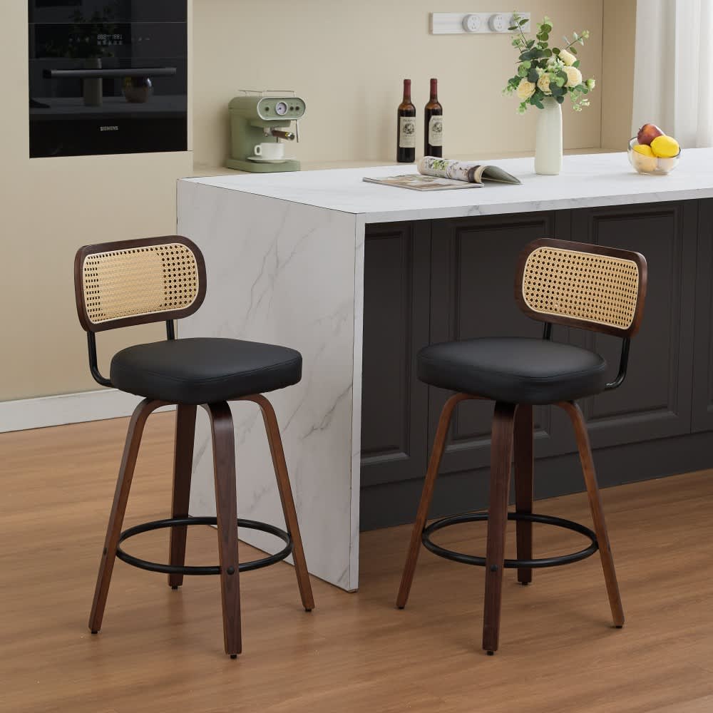 Coolbibila GAVIN-STOOLS-BLACK Set of 2 Swivel Black PU Leather Upholstered Bar Stools with Walnut Wood Legs for Kitchen Island