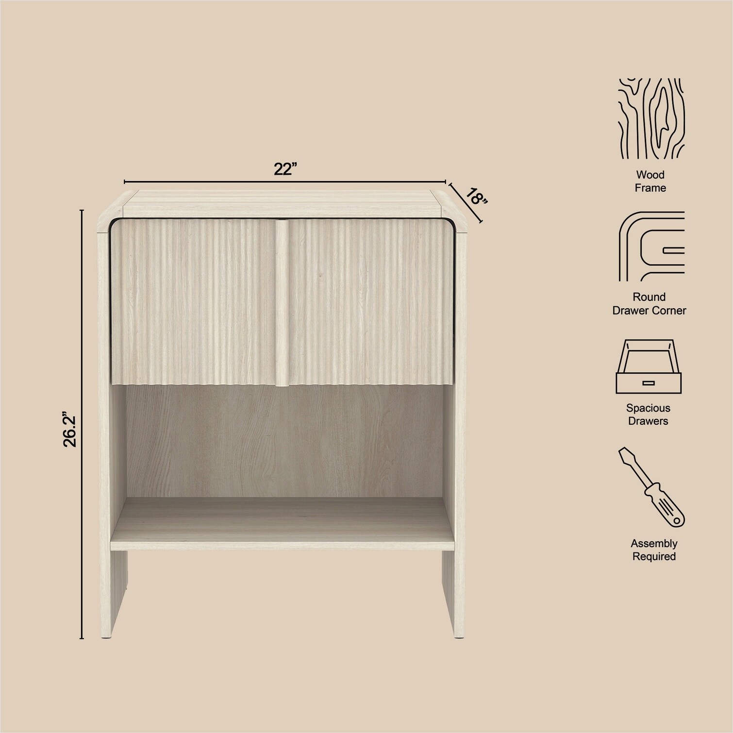 SUNCREAT Whitewashed Oak Nightstand with Smooth-Glide Drawer and Open ...
